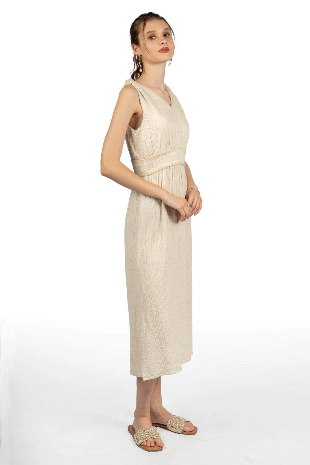 Beige Cotton Fit & Flare Midi Dress