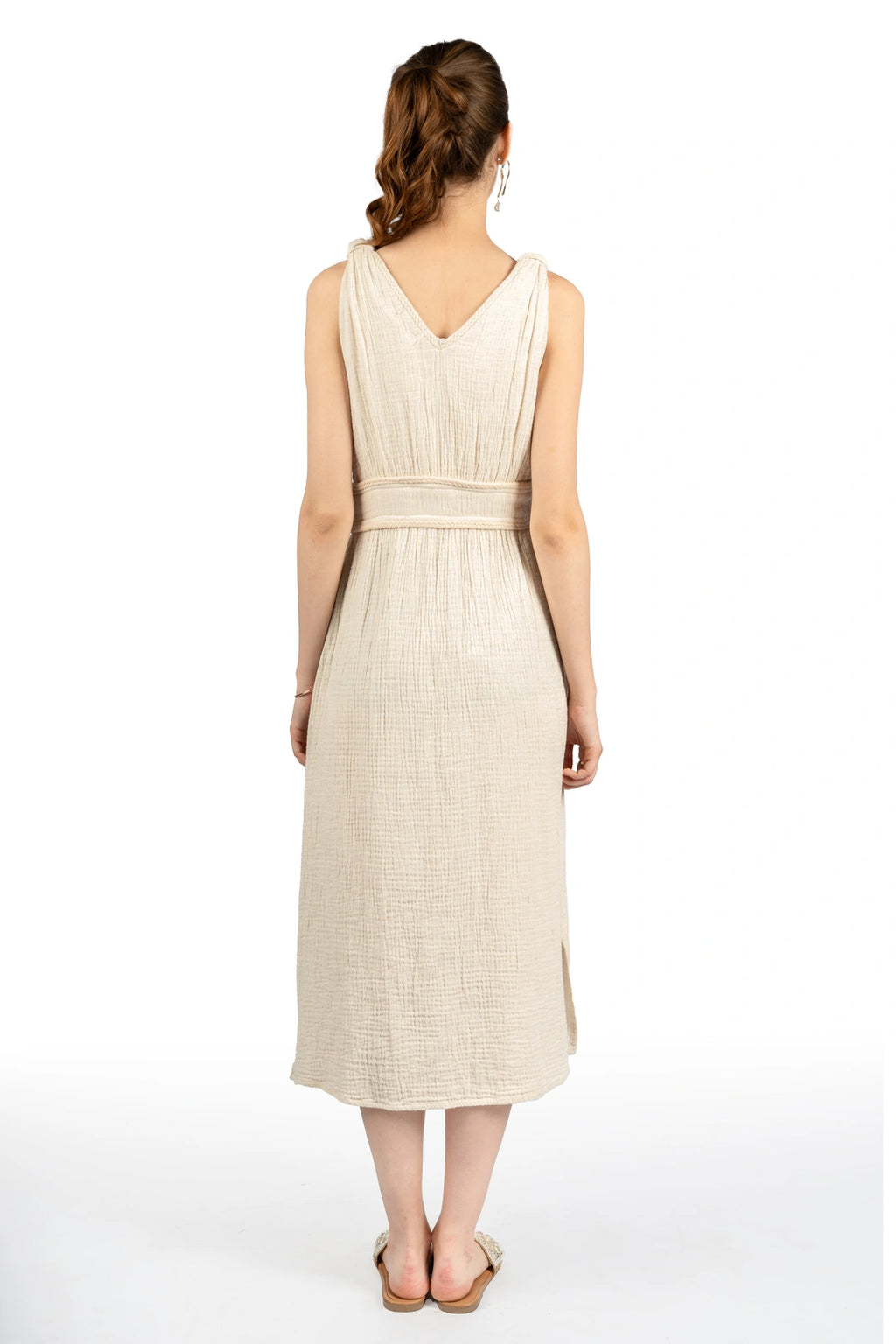 Beige Cotton Fit & Flare Midi Dress
