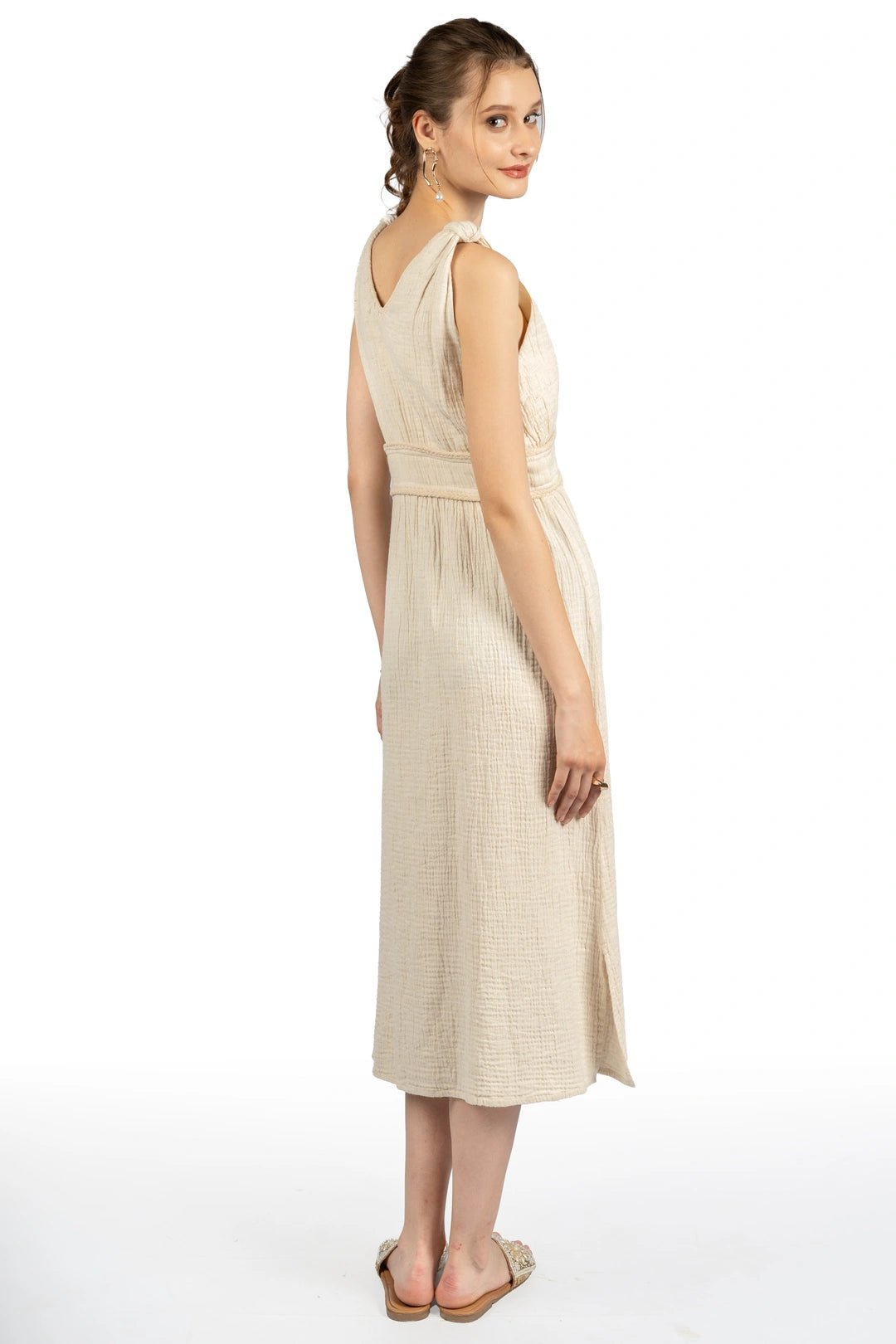 Beige Cotton Fit & Flare Midi Dress
