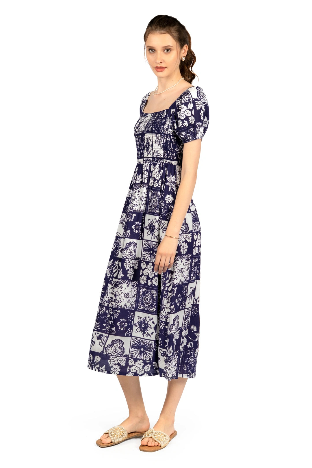 Blue & White Floral Rayon Fit & Flare Midi Dress