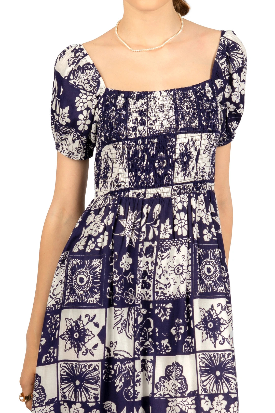 Blue & White Floral Rayon Fit & Flare Midi Dress