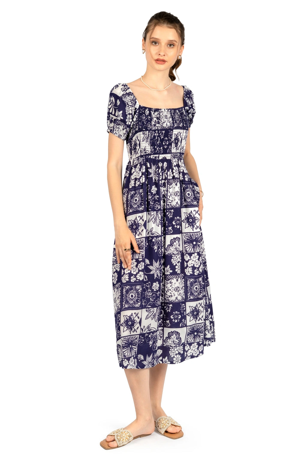 Blue & White Floral Rayon Fit & Flare Midi Dress