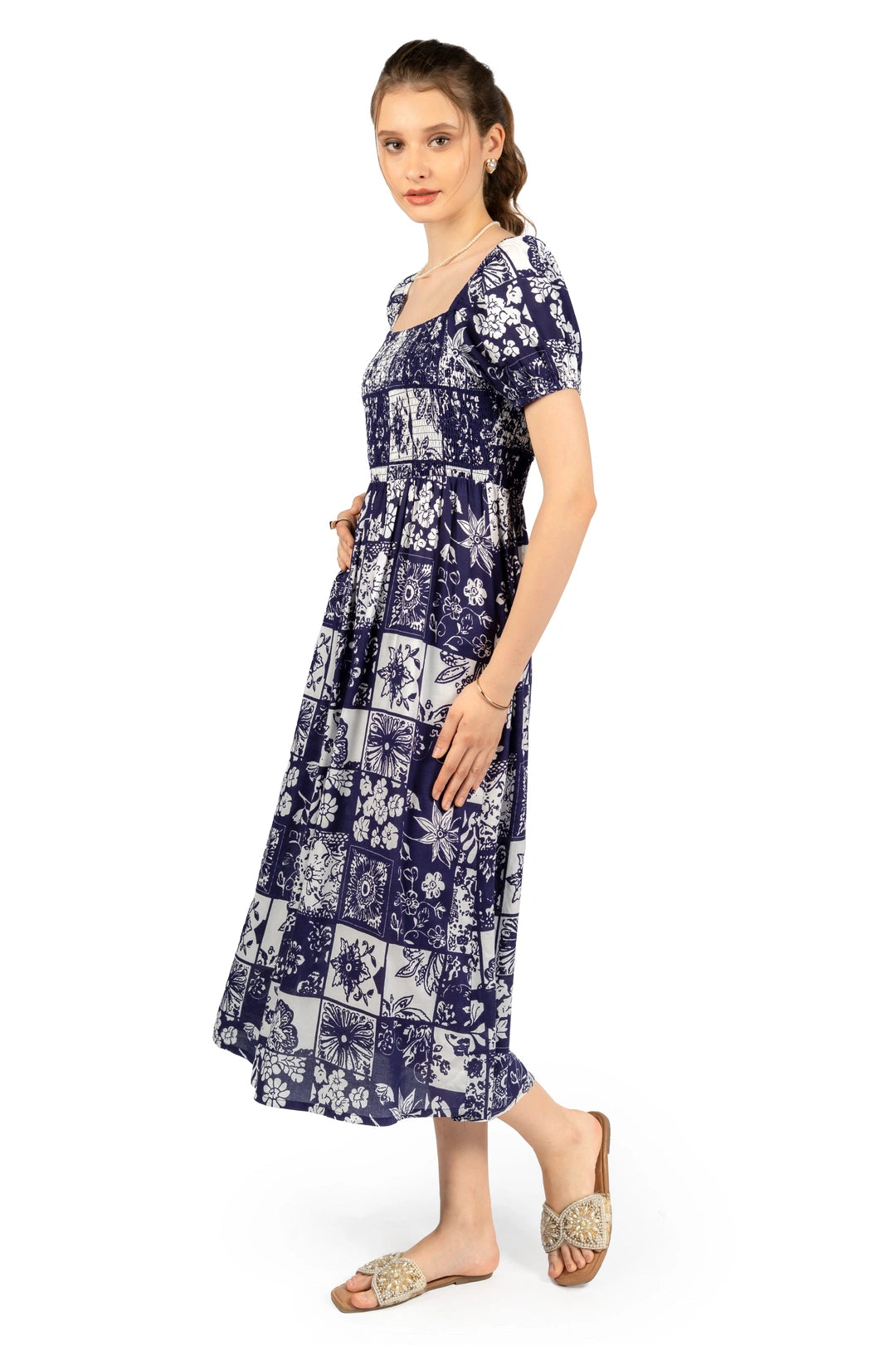 Blue & White Floral Rayon Fit & Flare Midi Dress