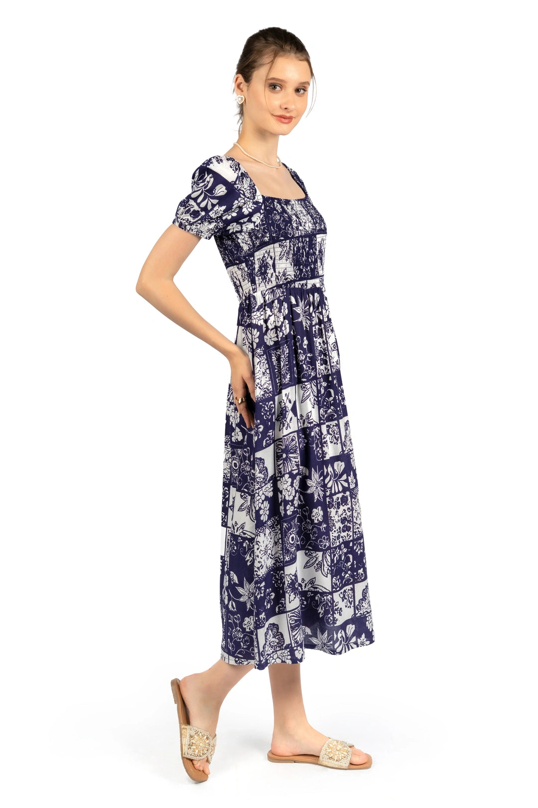 Blue & White Floral Rayon Fit & Flare Midi Dress