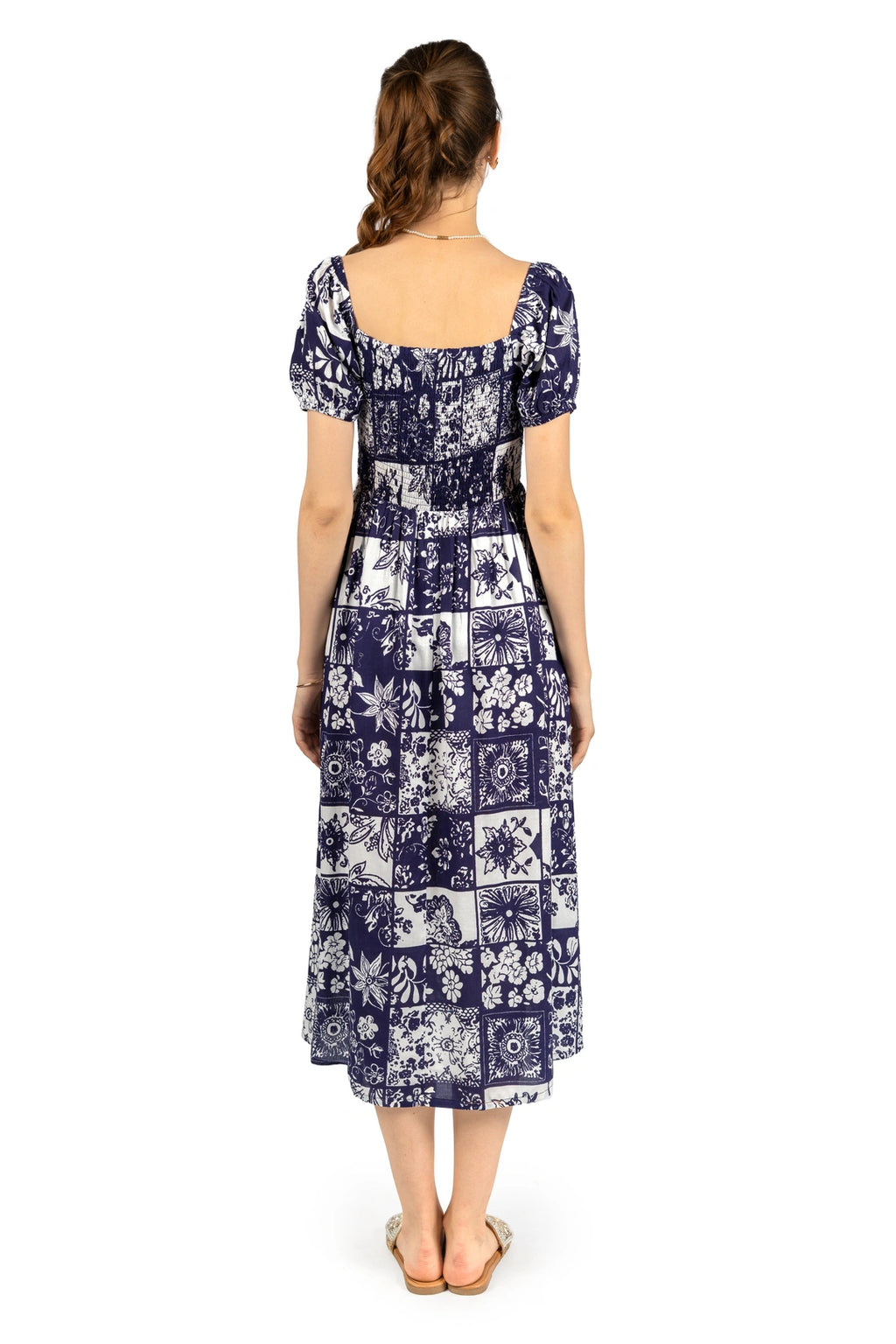 Blue & White Floral Rayon Fit & Flare Midi Dress