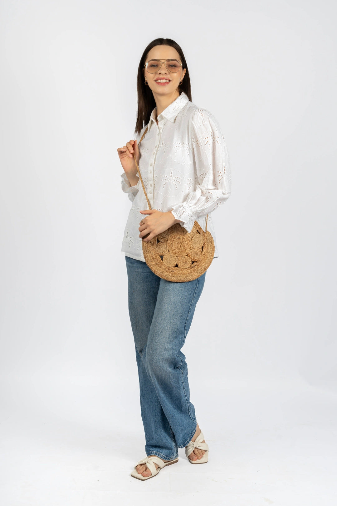 Cotton Schiffly Solid White Collared Top