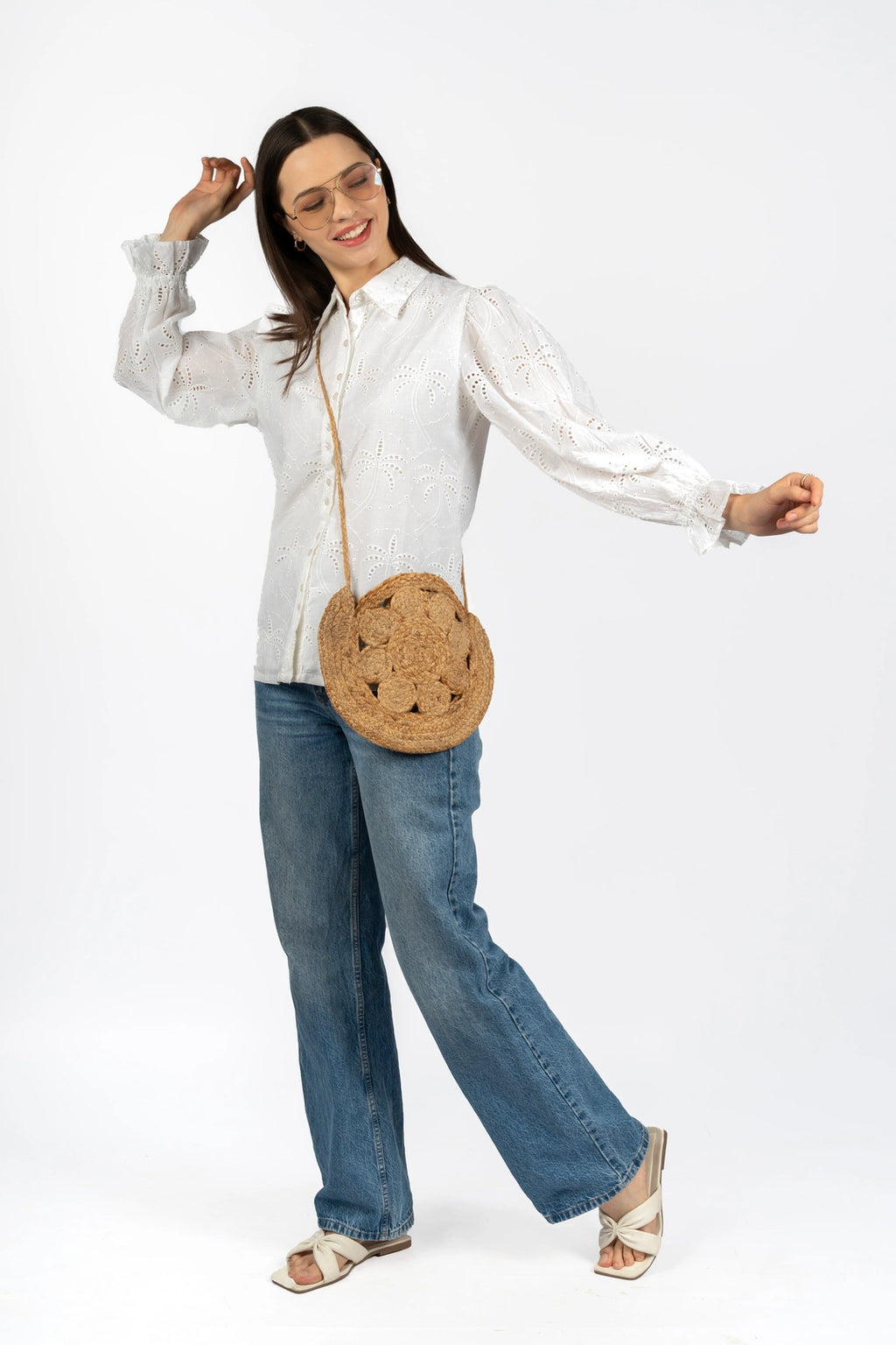 Cotton Schiffly Solid White Collared Top