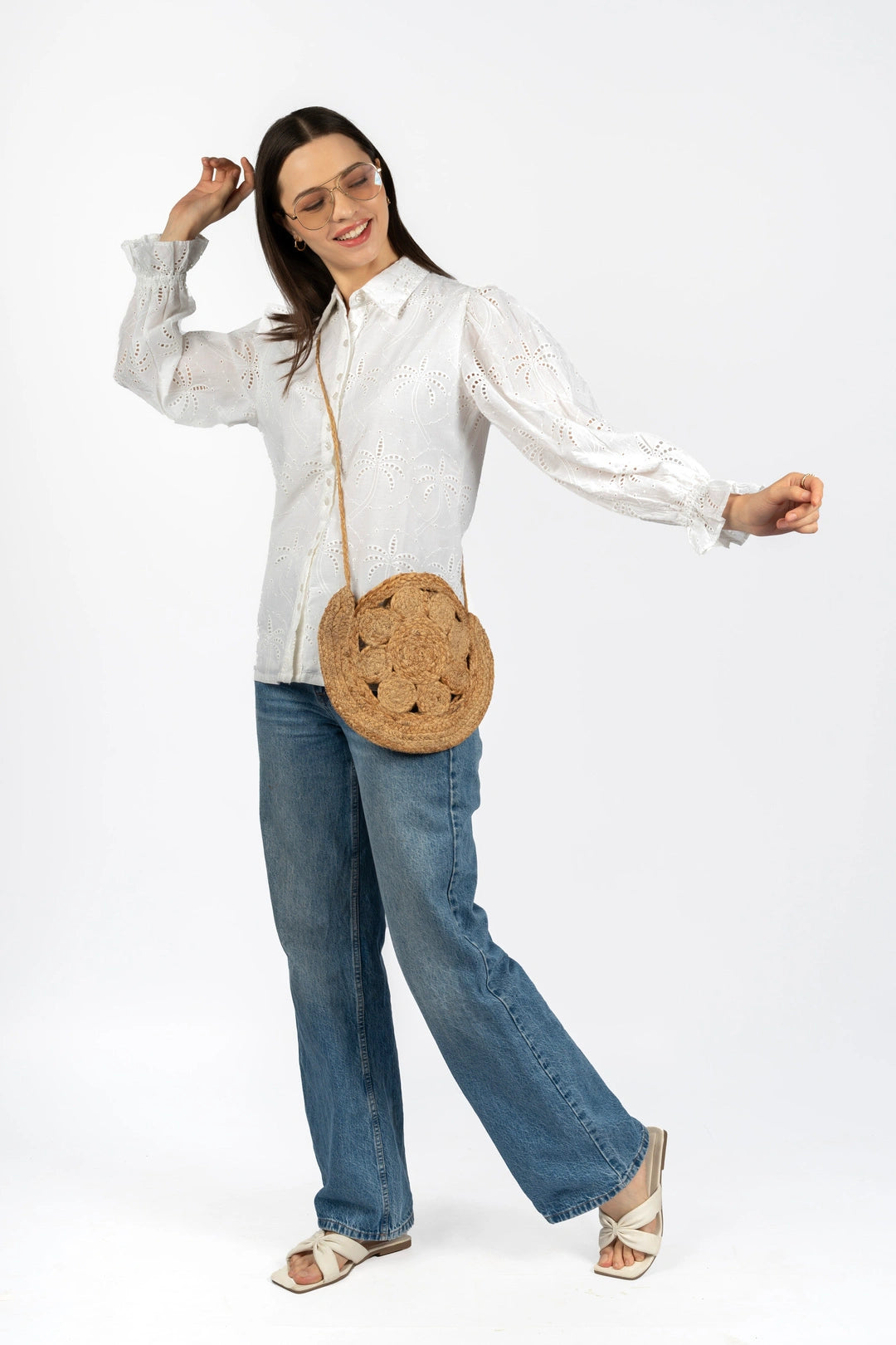 Cotton Schiffly Solid White Collared Top