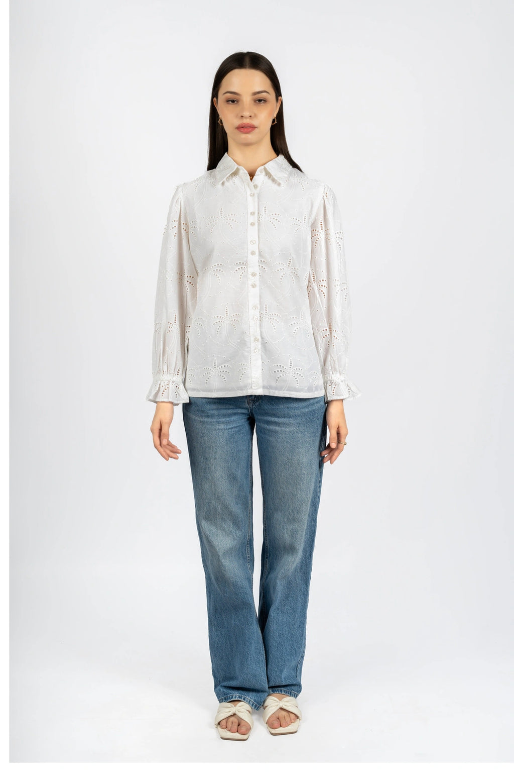 Cotton Schiffly Solid White Collared Top