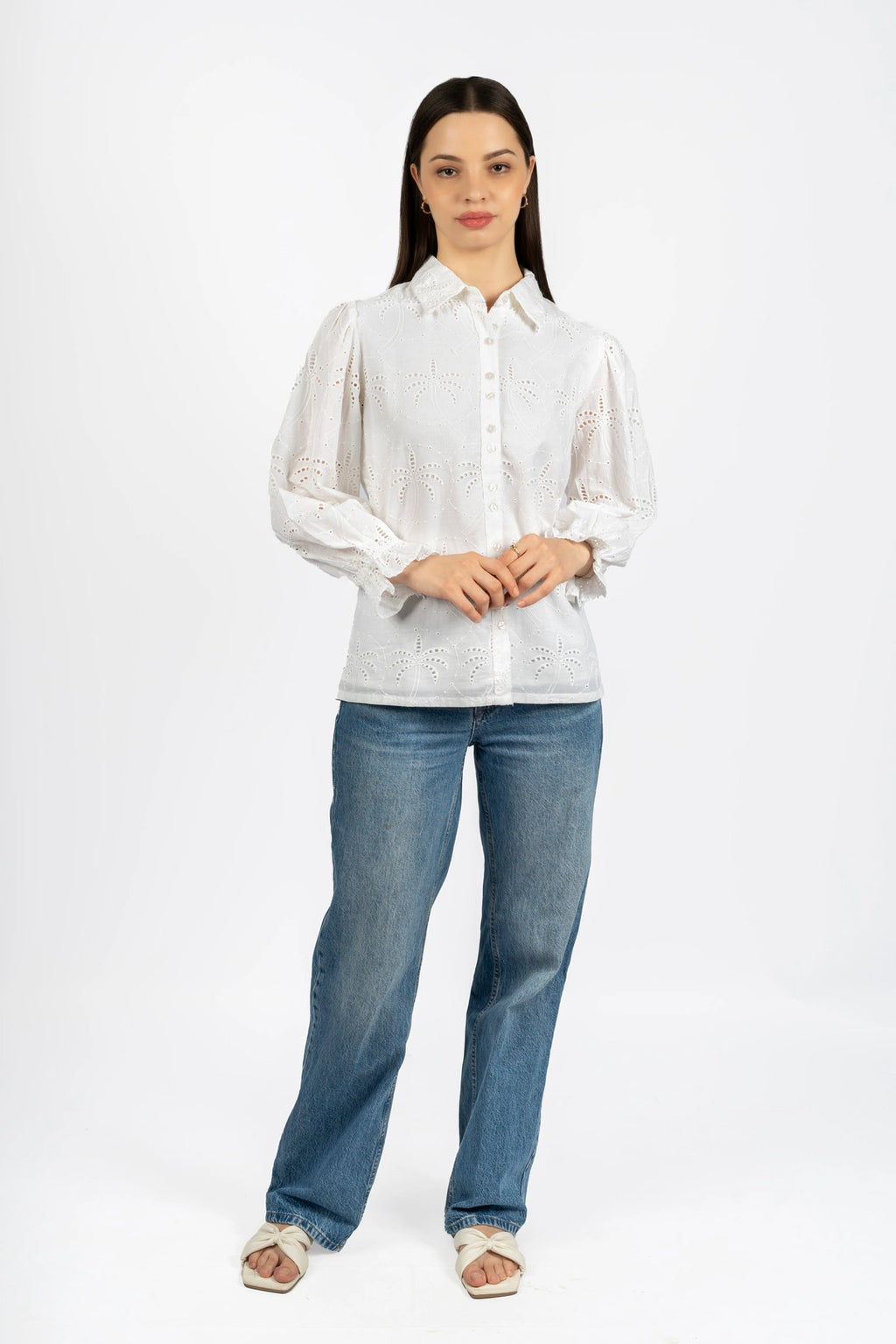 Cotton Schiffly Solid White Collared Top