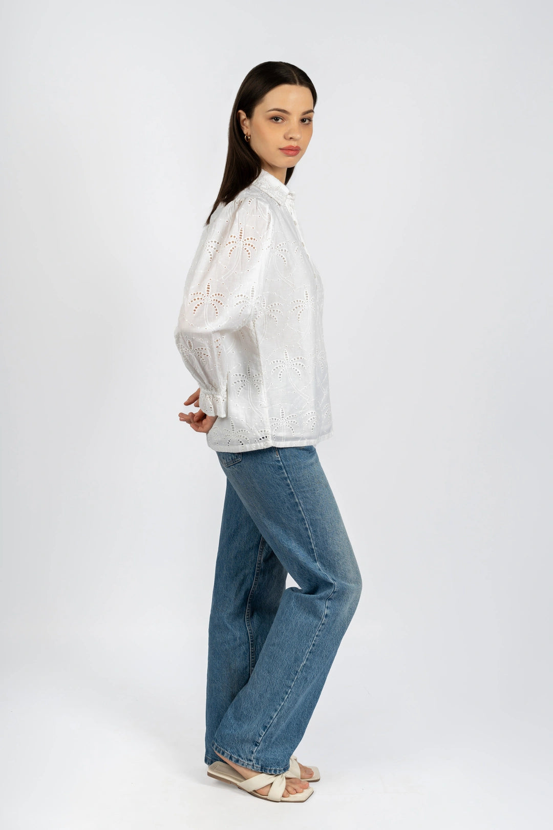 Cotton Schiffly Solid White Collared Top