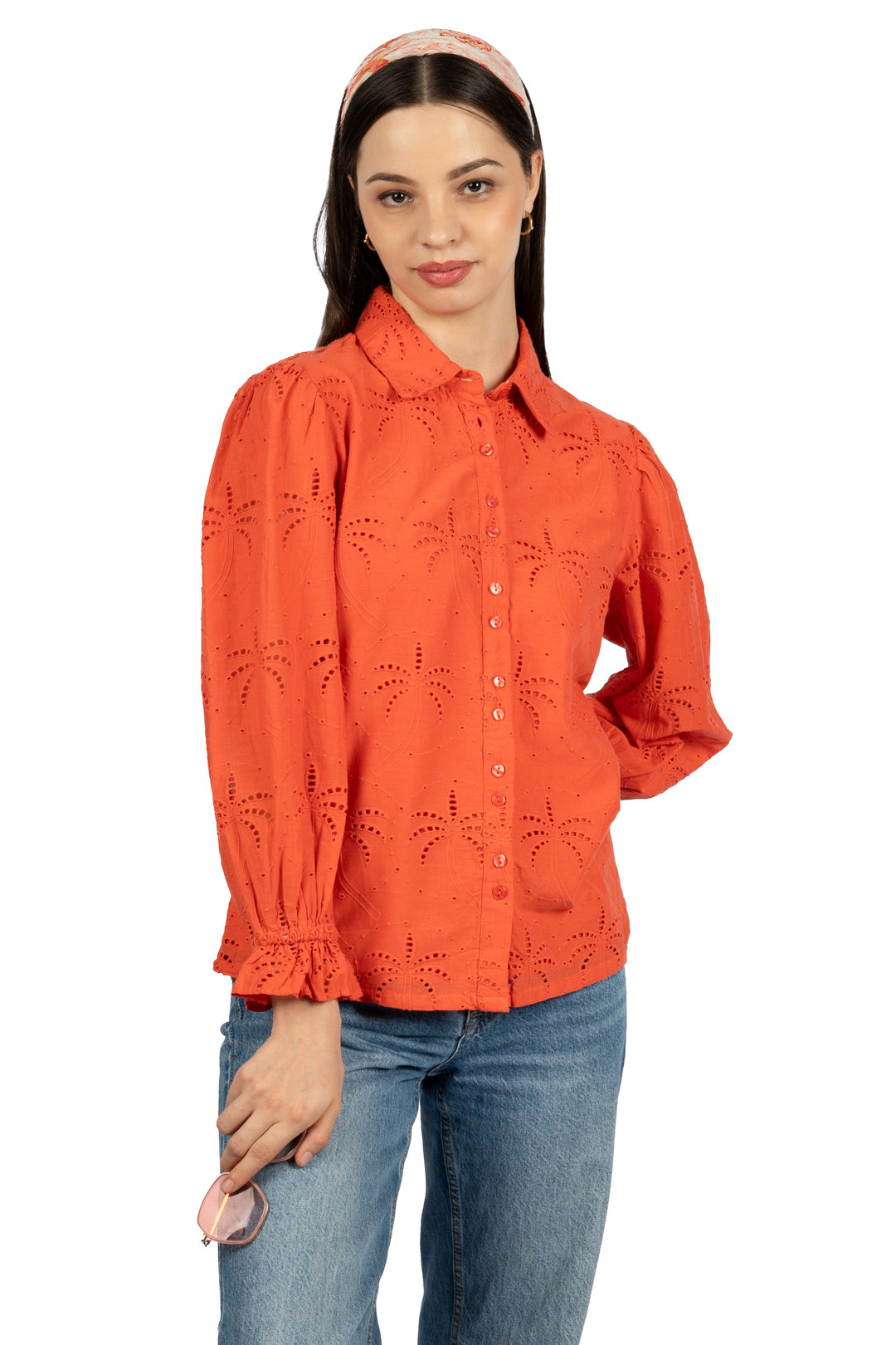 Red Solid Cotton Schiffli Collared Shirt