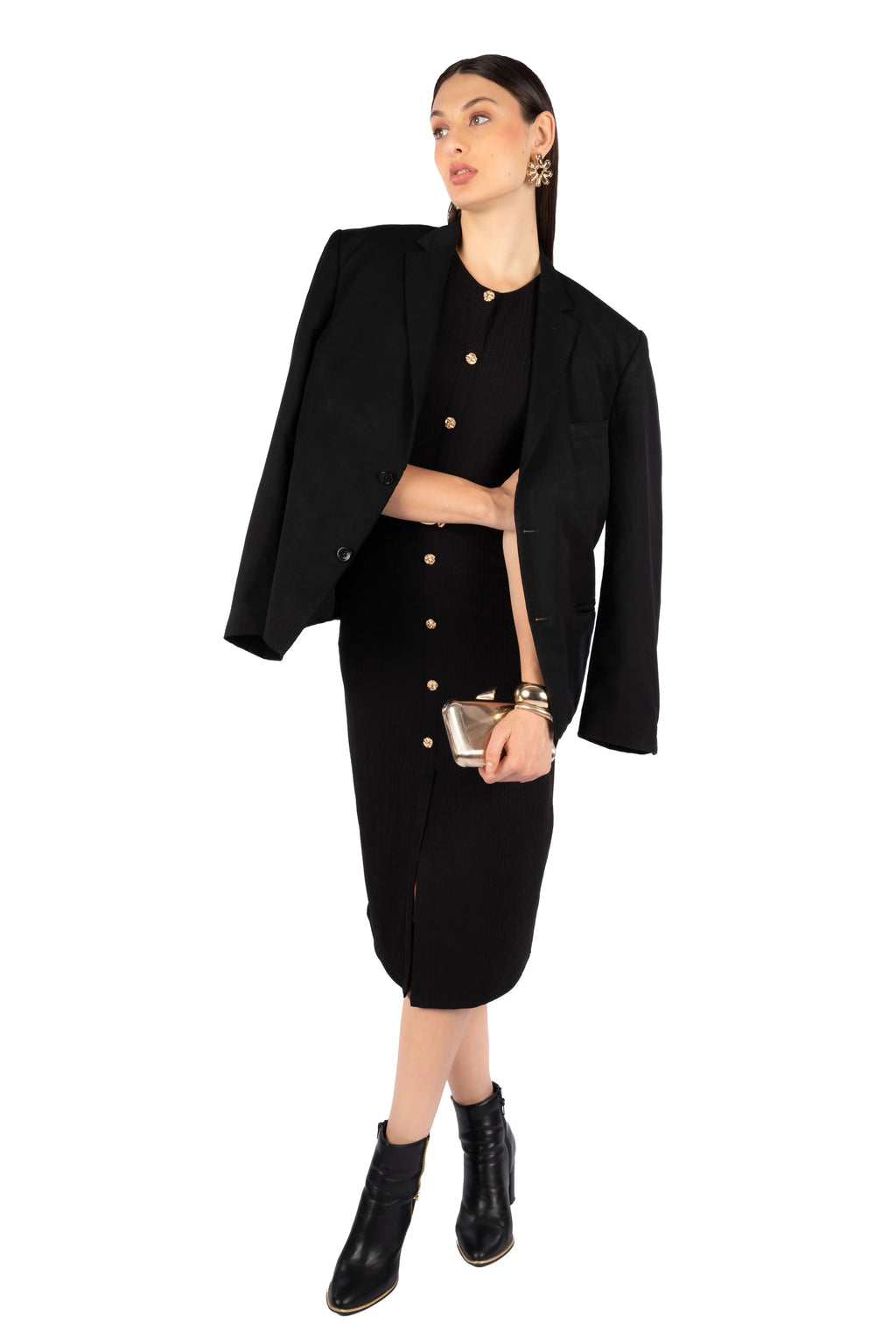 Alieza Black Korean Rib Fitted Midi Dress