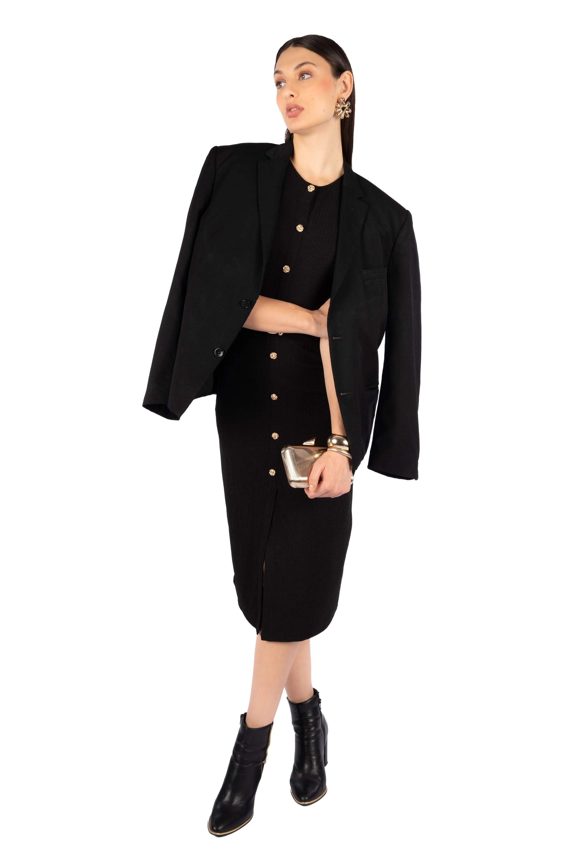 Alieza Black Korean Rib Fitted Midi Dress