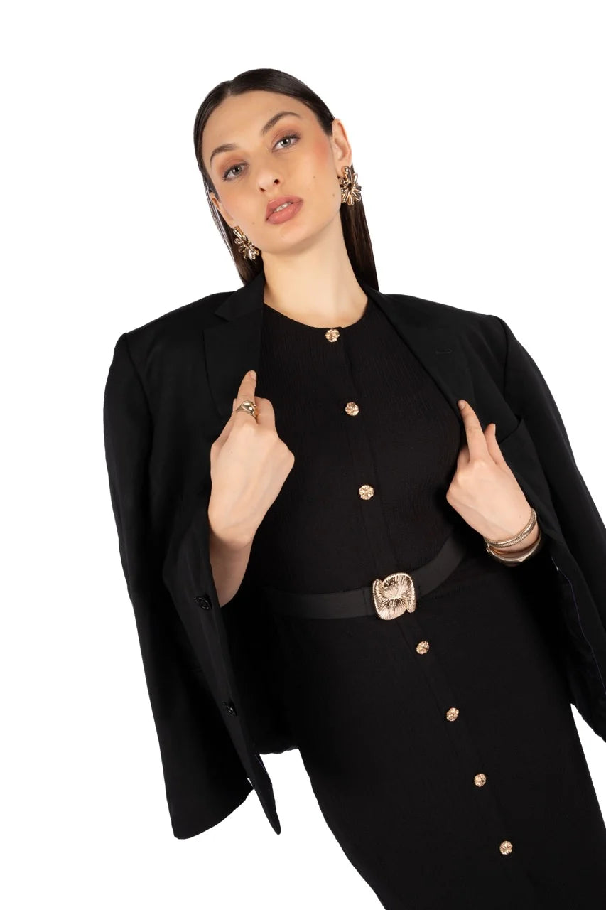 Alieza Black Korean Rib Fitted Midi Dress