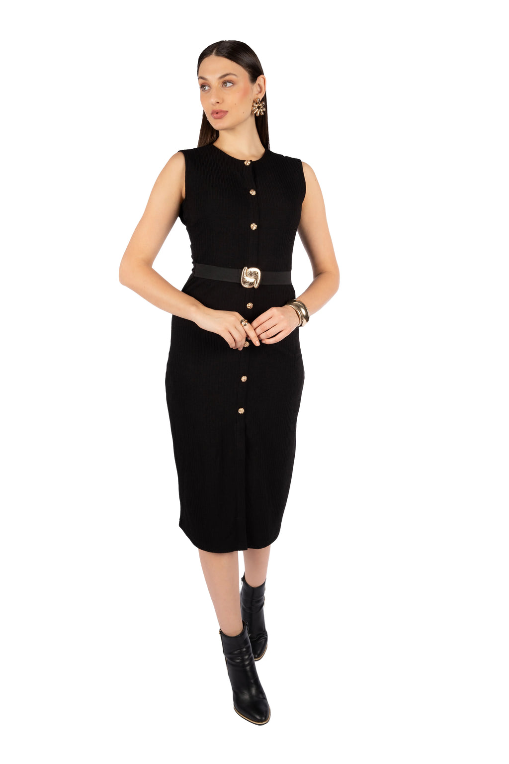 Alieza Black Korean Rib Fitted Midi Dress