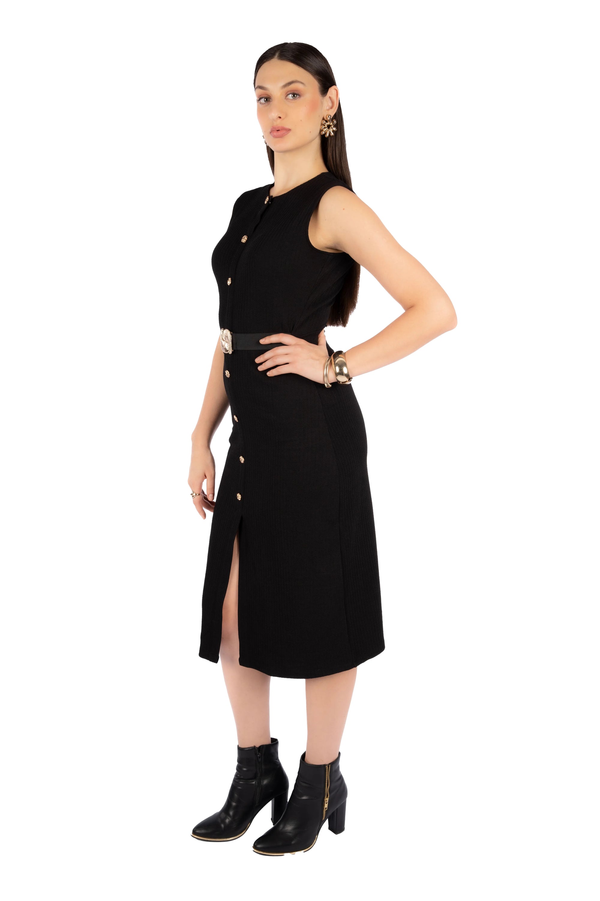 Alieza Black Korean Rib Fitted Midi Dress