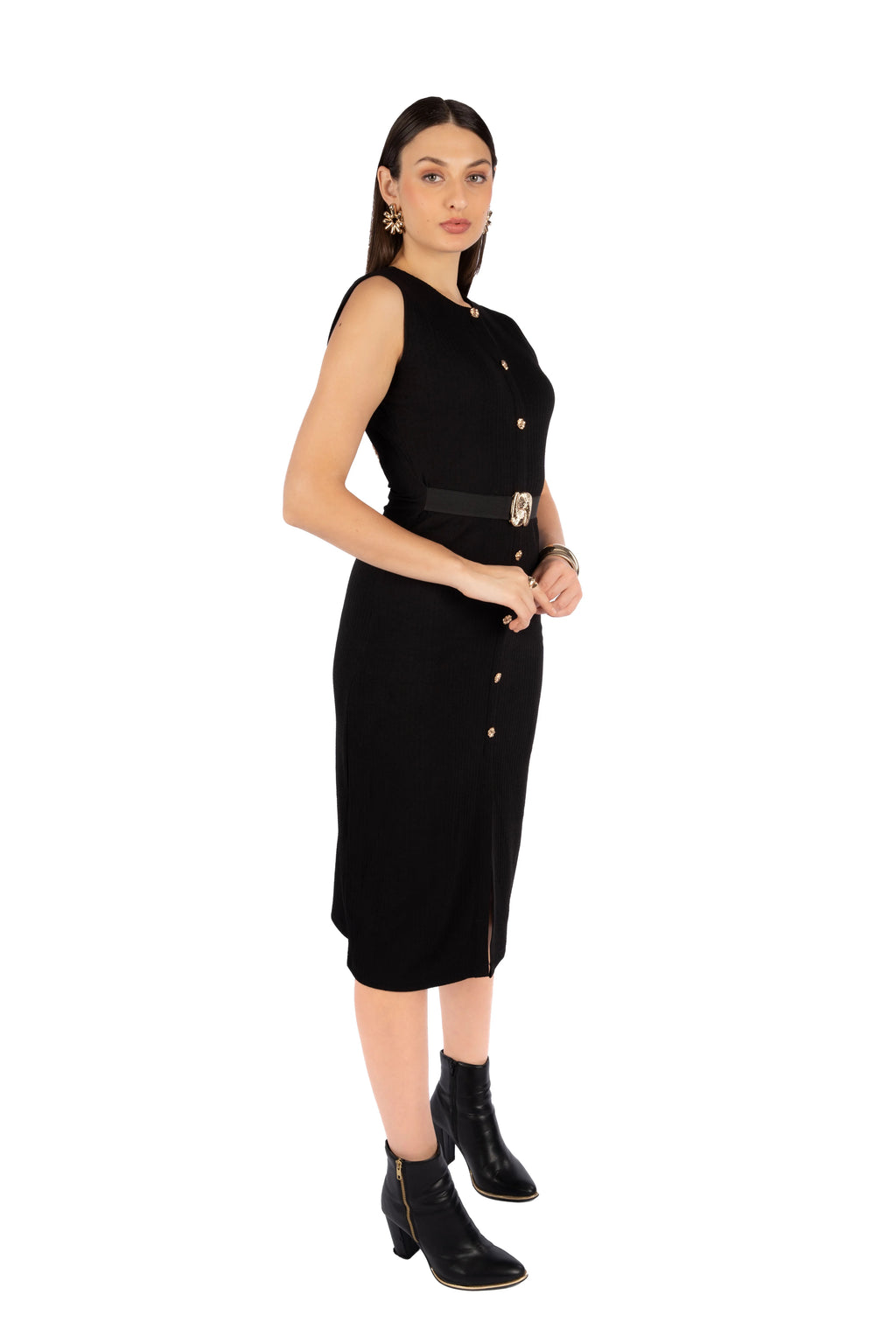 Alieza Black Korean Rib Fitted Midi Dress