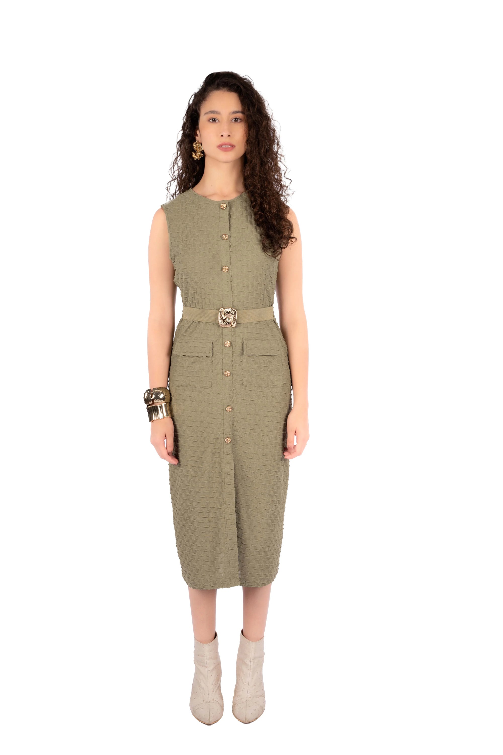 Arwen Olive Green Paph Butti Fitted Midi Dress