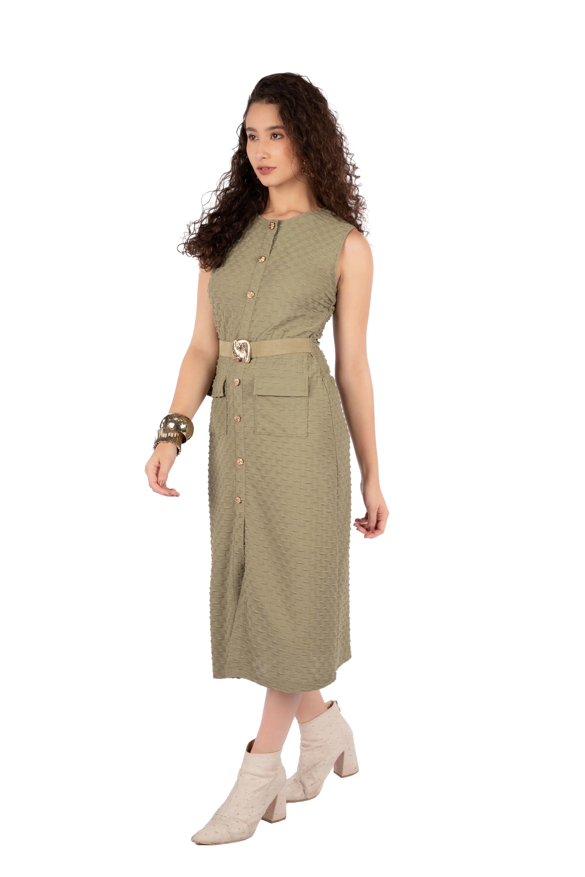 Arwen Olive Green Paph Butti Fitted Midi Dress