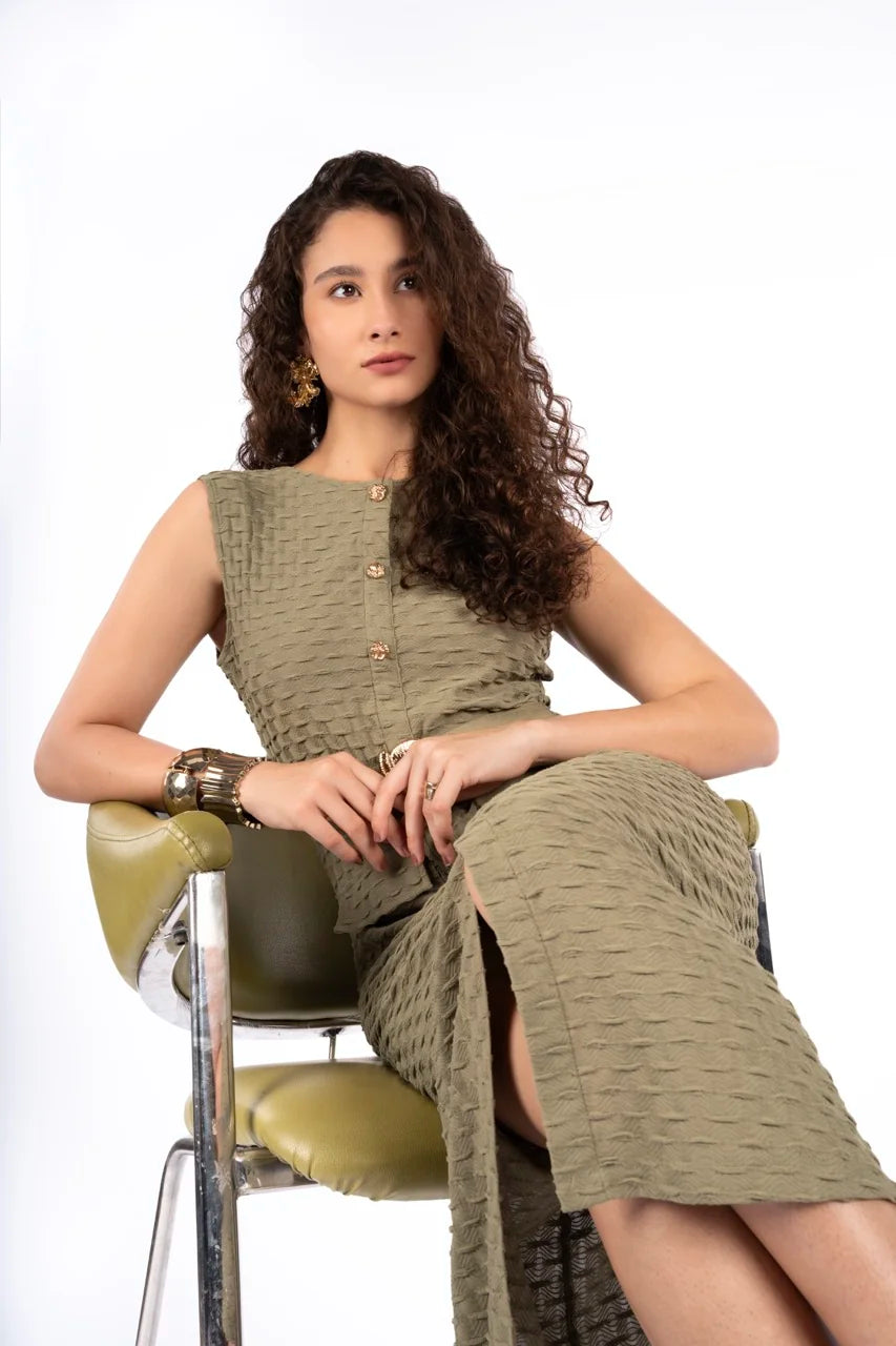 Arwen Olive Green Paph Butti Fitted Midi Dress