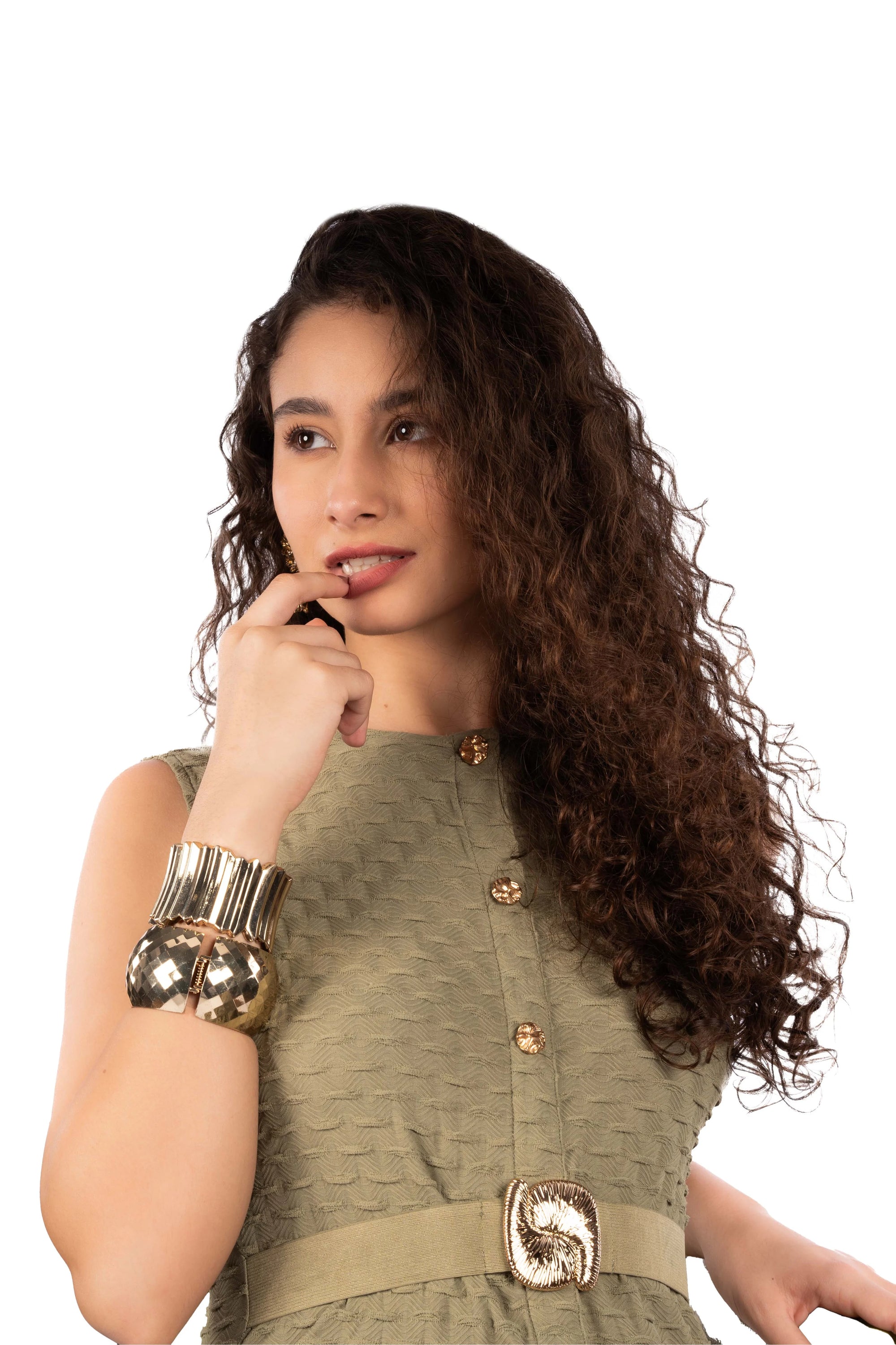 Arwen Olive Green Paph Butti Fitted Midi Dress