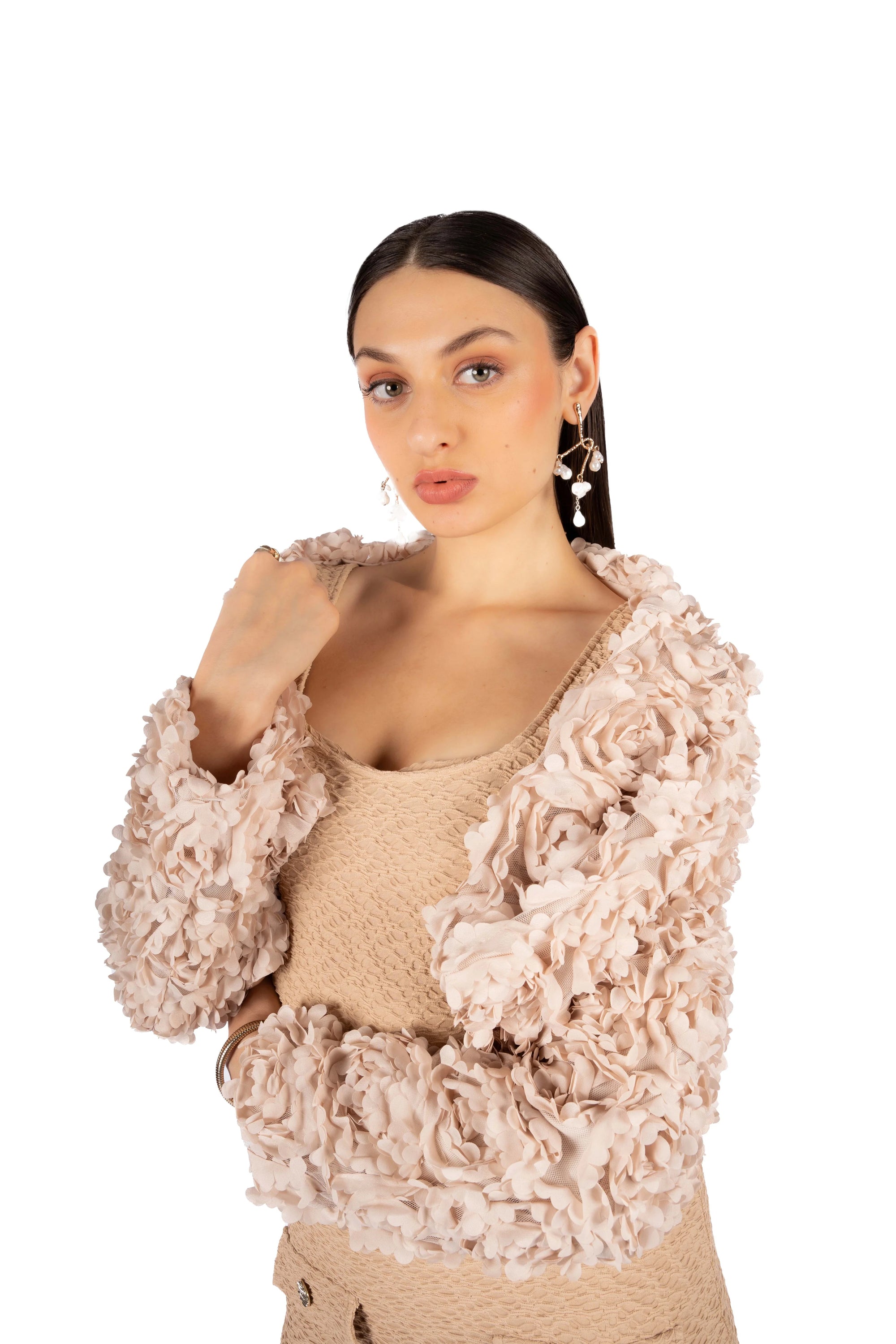 Reen Beige Double Jacquard Fitted Mini Dress