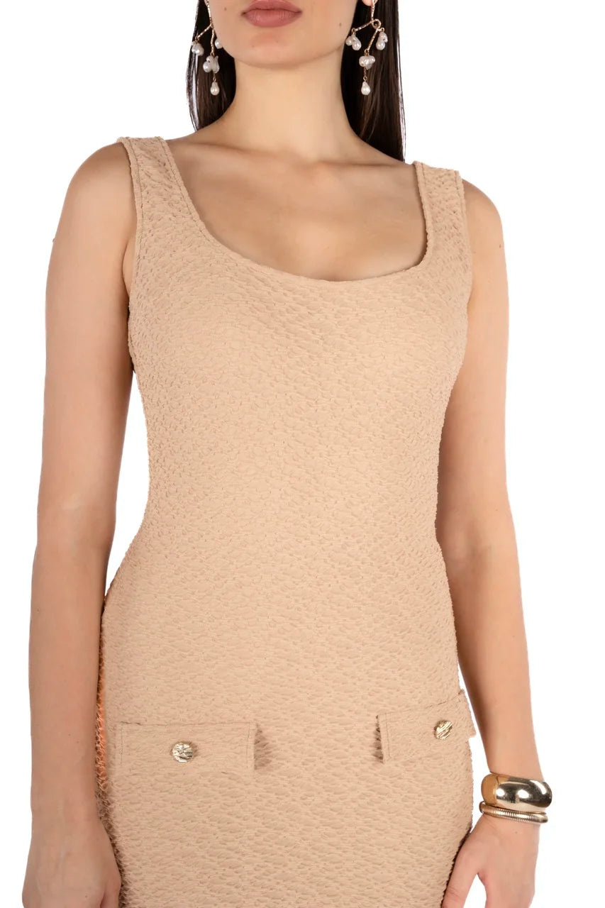 Reen Beige Double Jacquard Fitted Mini Dress