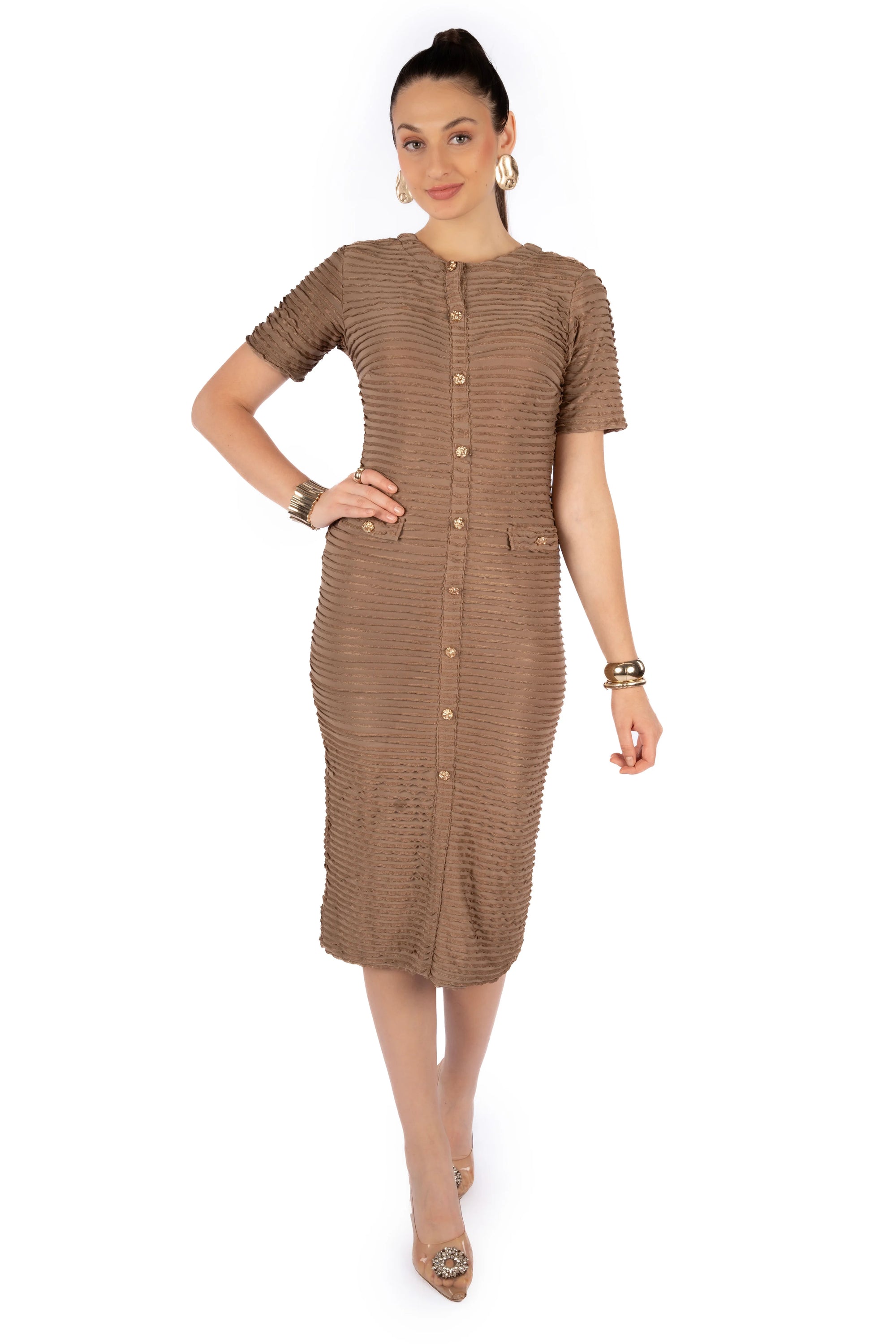 Cira Brown Bright Orial Fitted Midi Dress