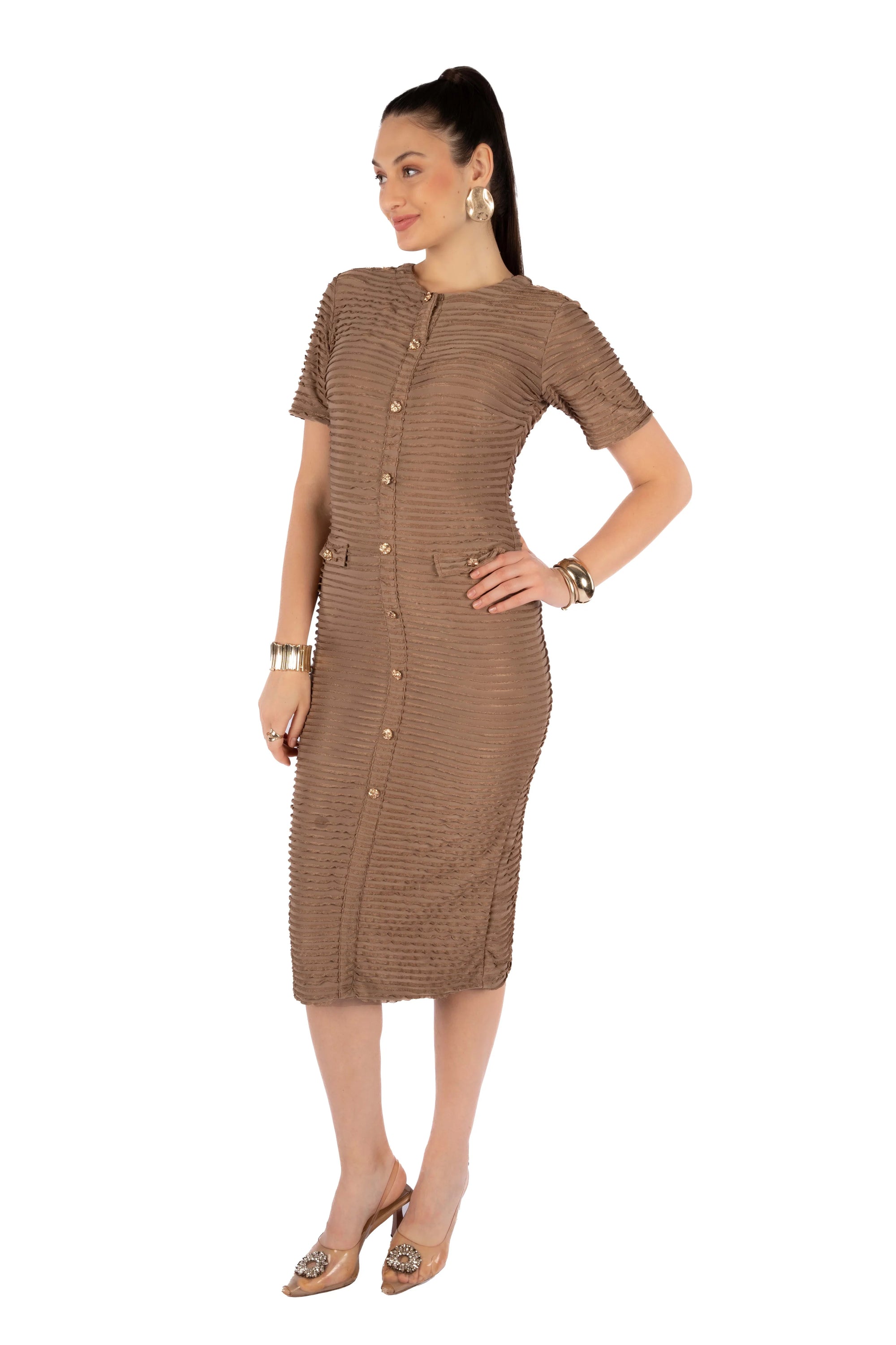 Cira Brown Bright Orial Fitted Midi Dress