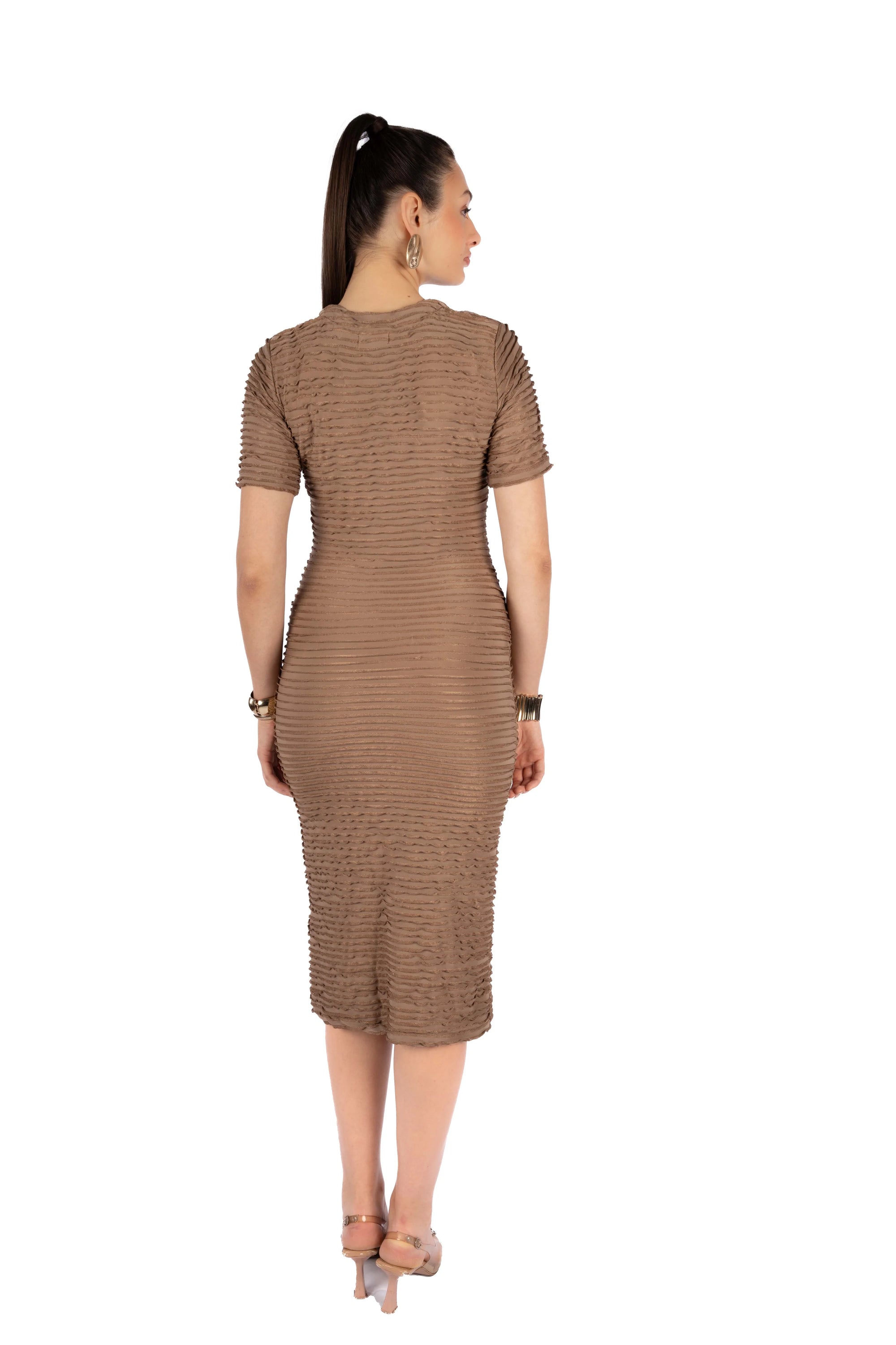 Cira Brown Bright Orial Fitted Midi Dress