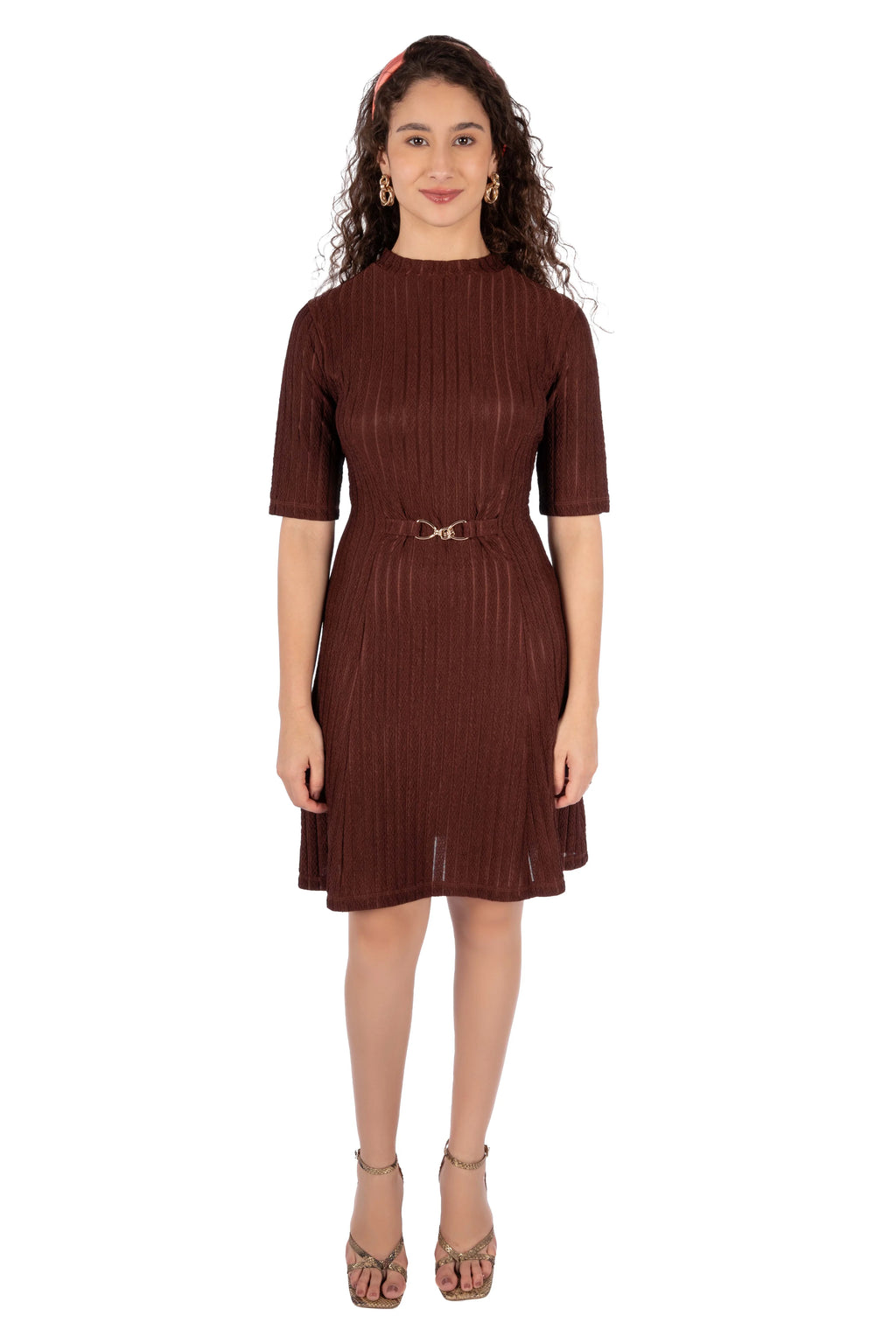 Velra Brown Wrinkle Stripe Fit &amp; Flare Mini Dress