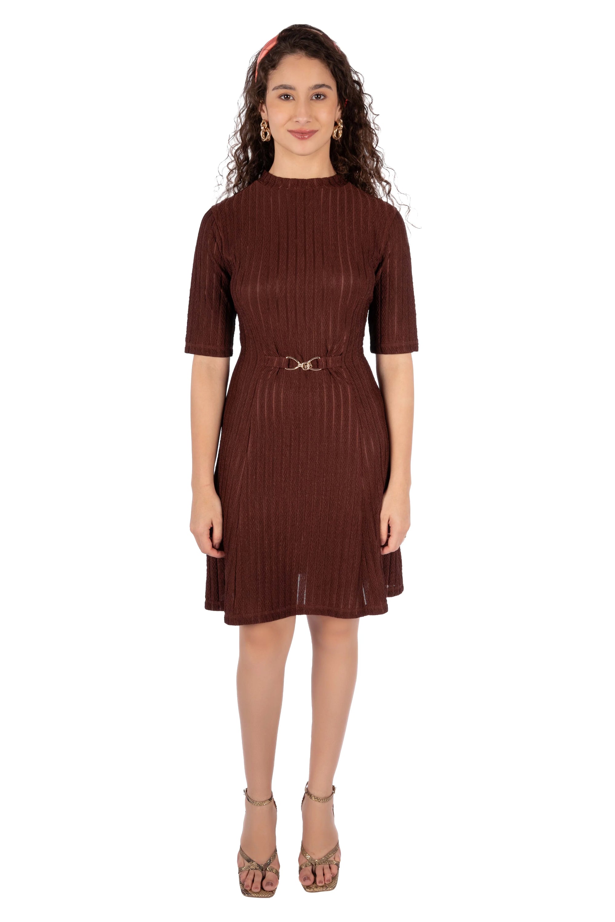 Velra Brown Wrinkle Stripe Fit &amp; Flare Mini Dress