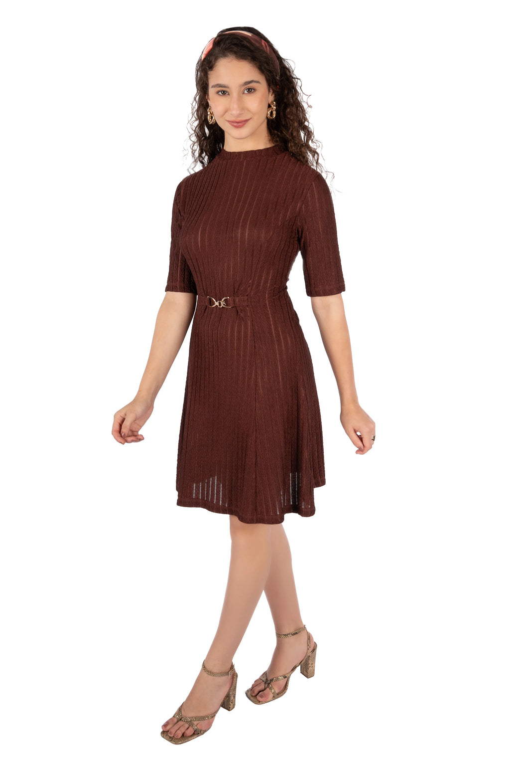 Velra Brown Wrinkle Stripe Fit &amp; Flare Mini Dress