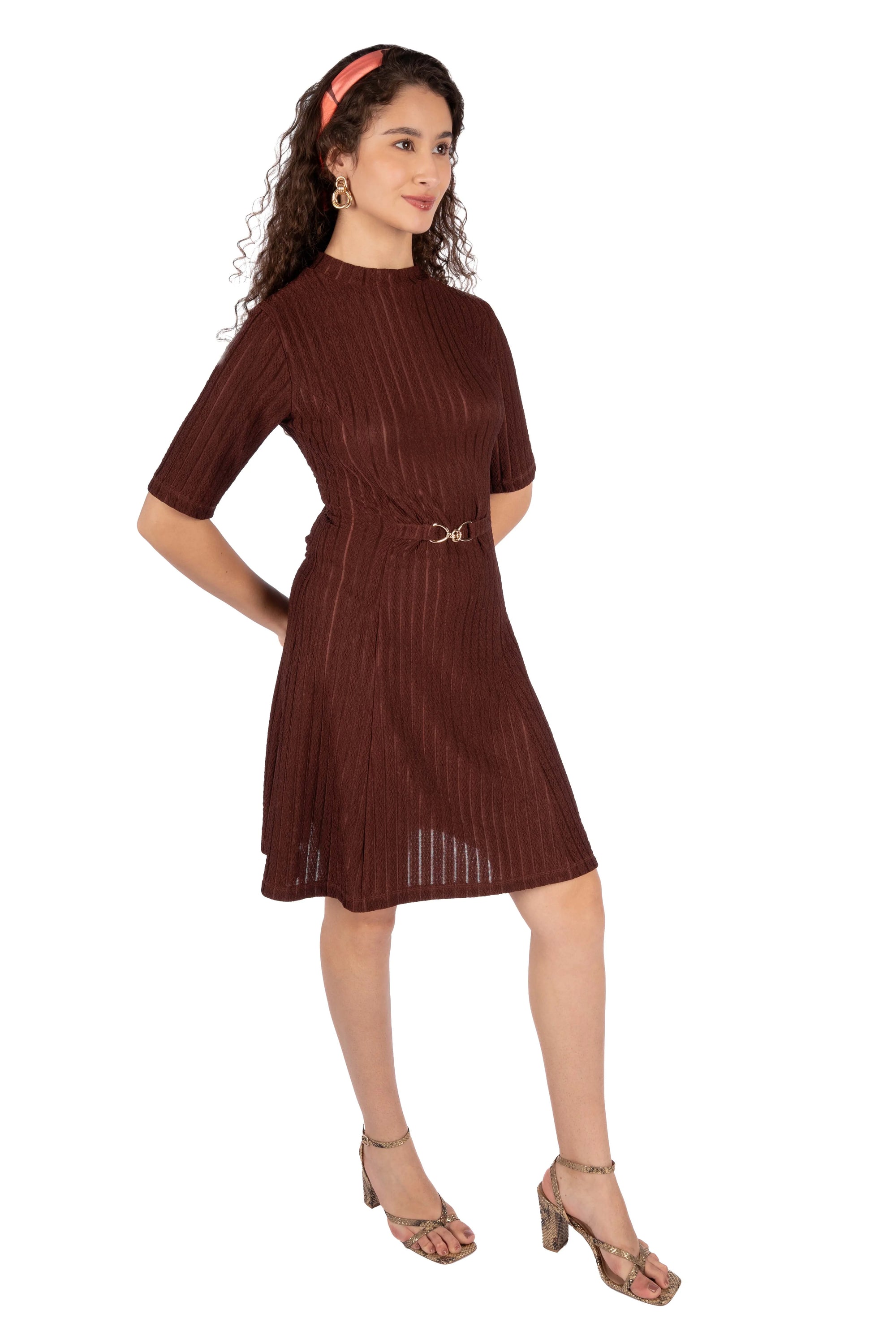Velra Brown Wrinkle Stripe Fit &amp; Flare Mini Dress