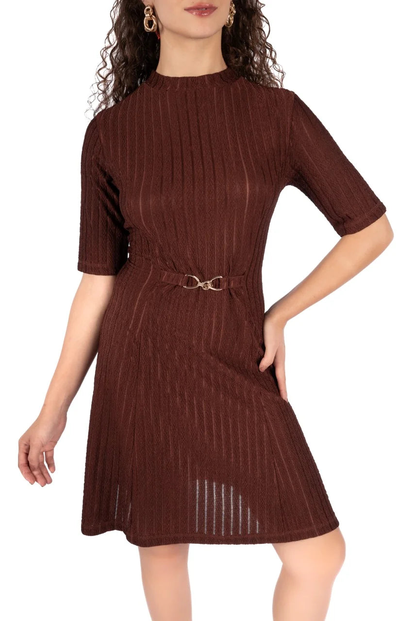 Velra Brown Wrinkle Stripe Fit &amp; Flare Mini Dress