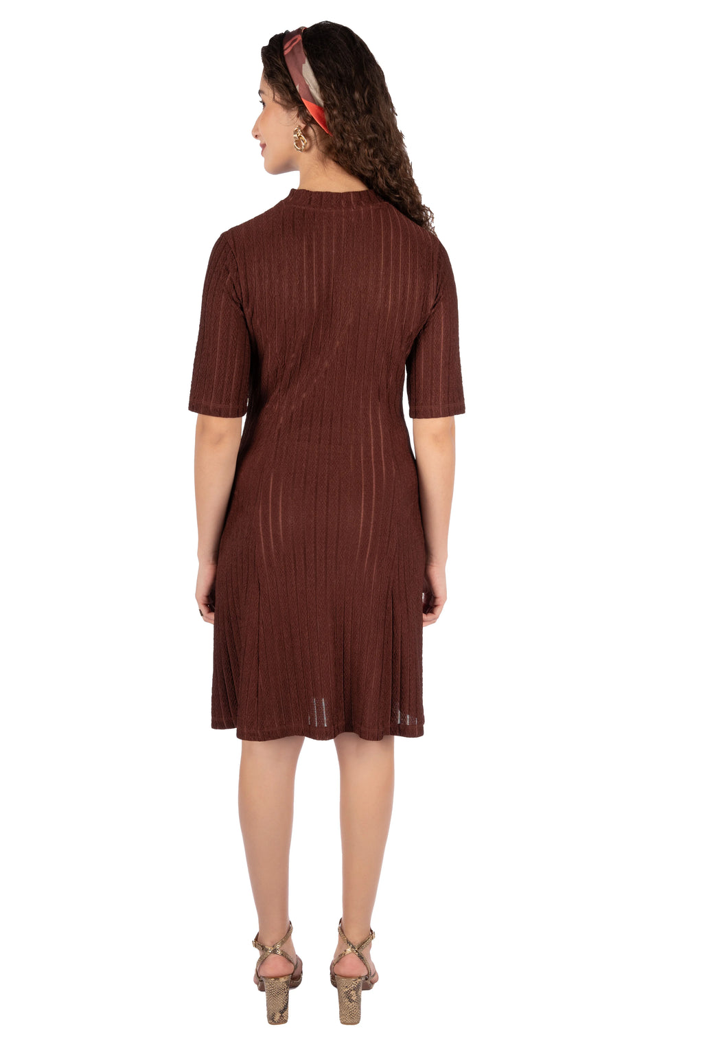 Velra Brown Wrinkle Stripe Fit &amp; Flare Mini Dress