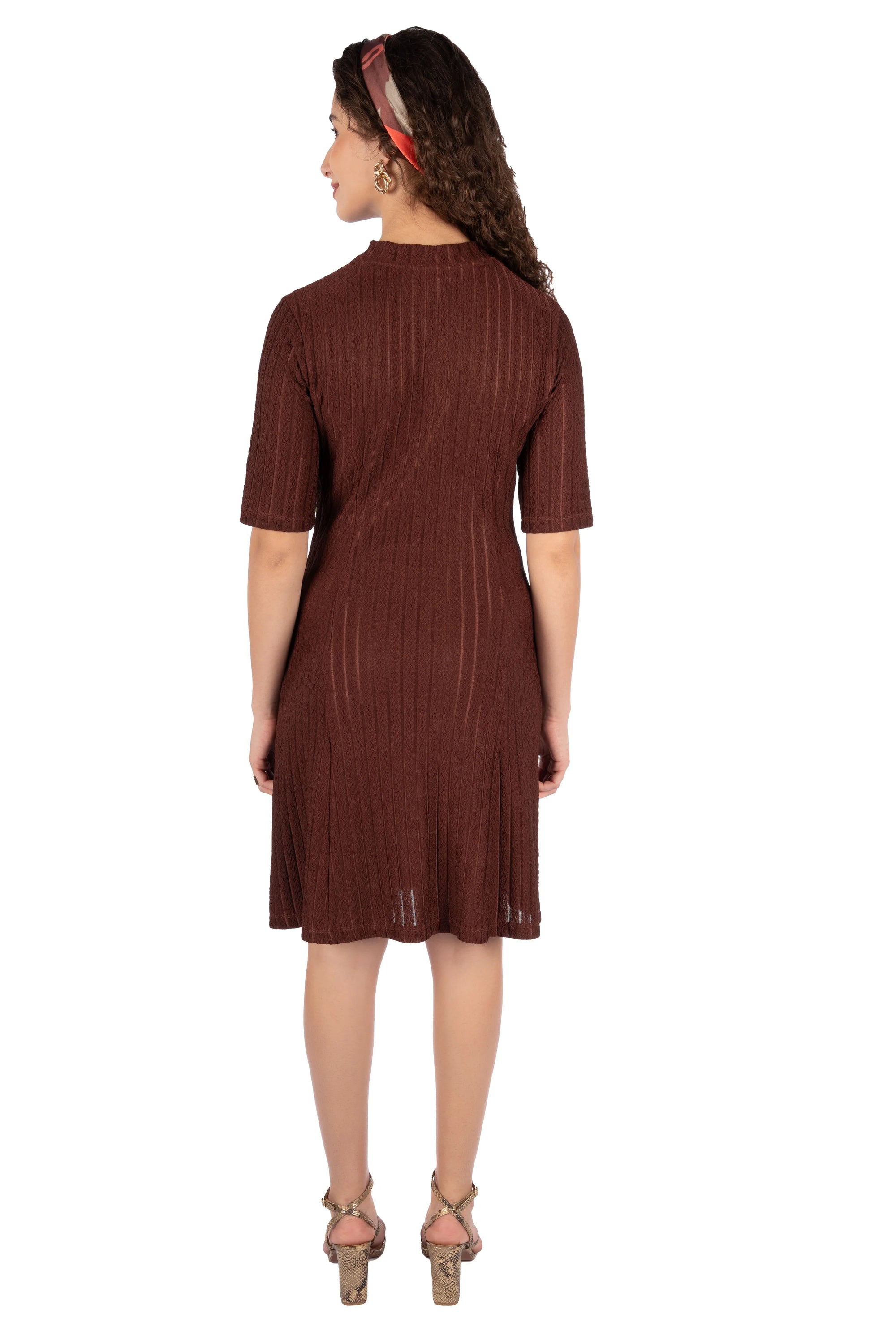 Velra Brown Wrinkle Stripe Fit &amp; Flare Mini Dress