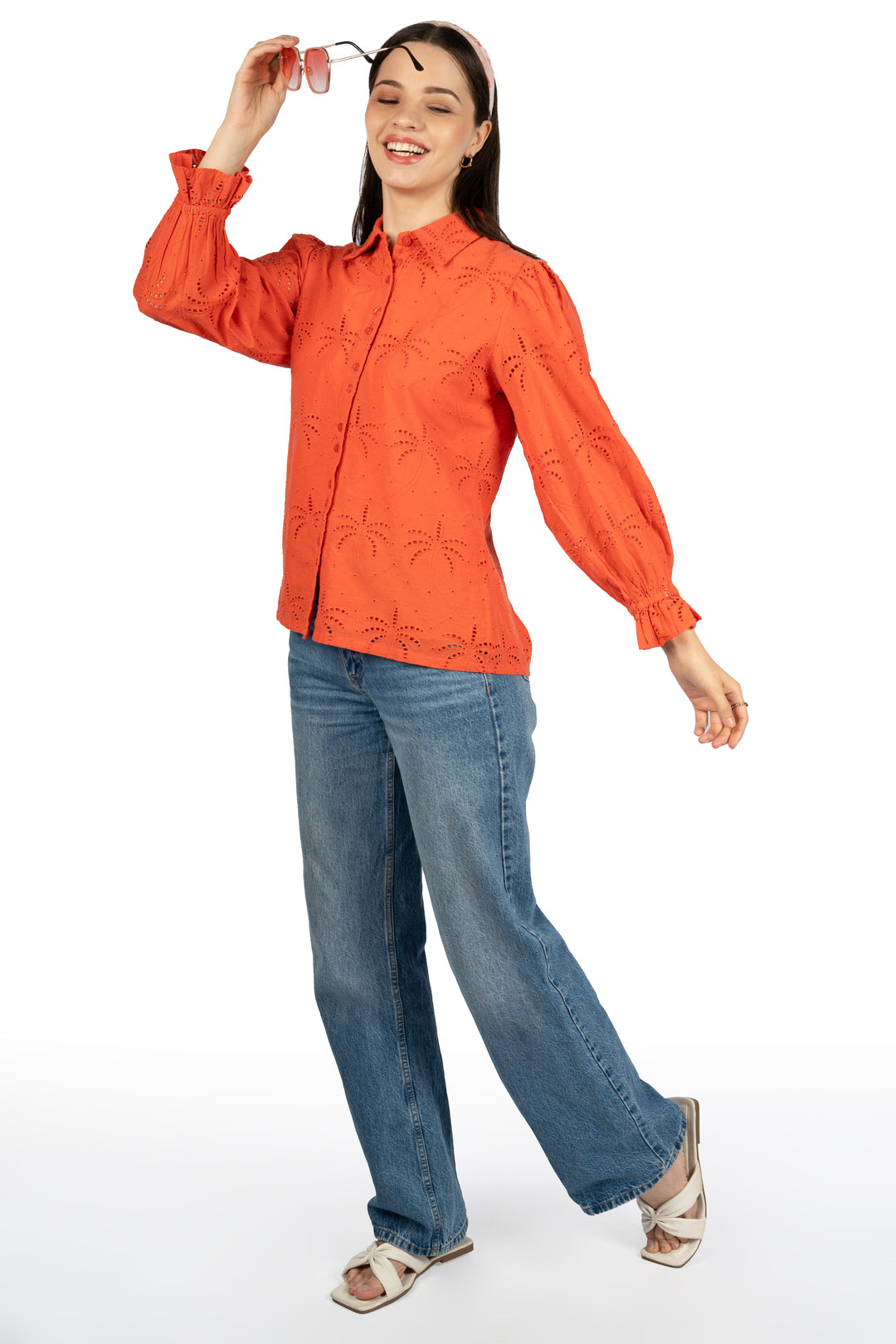 Red Solid Cotton Schiffli Collared Shirt