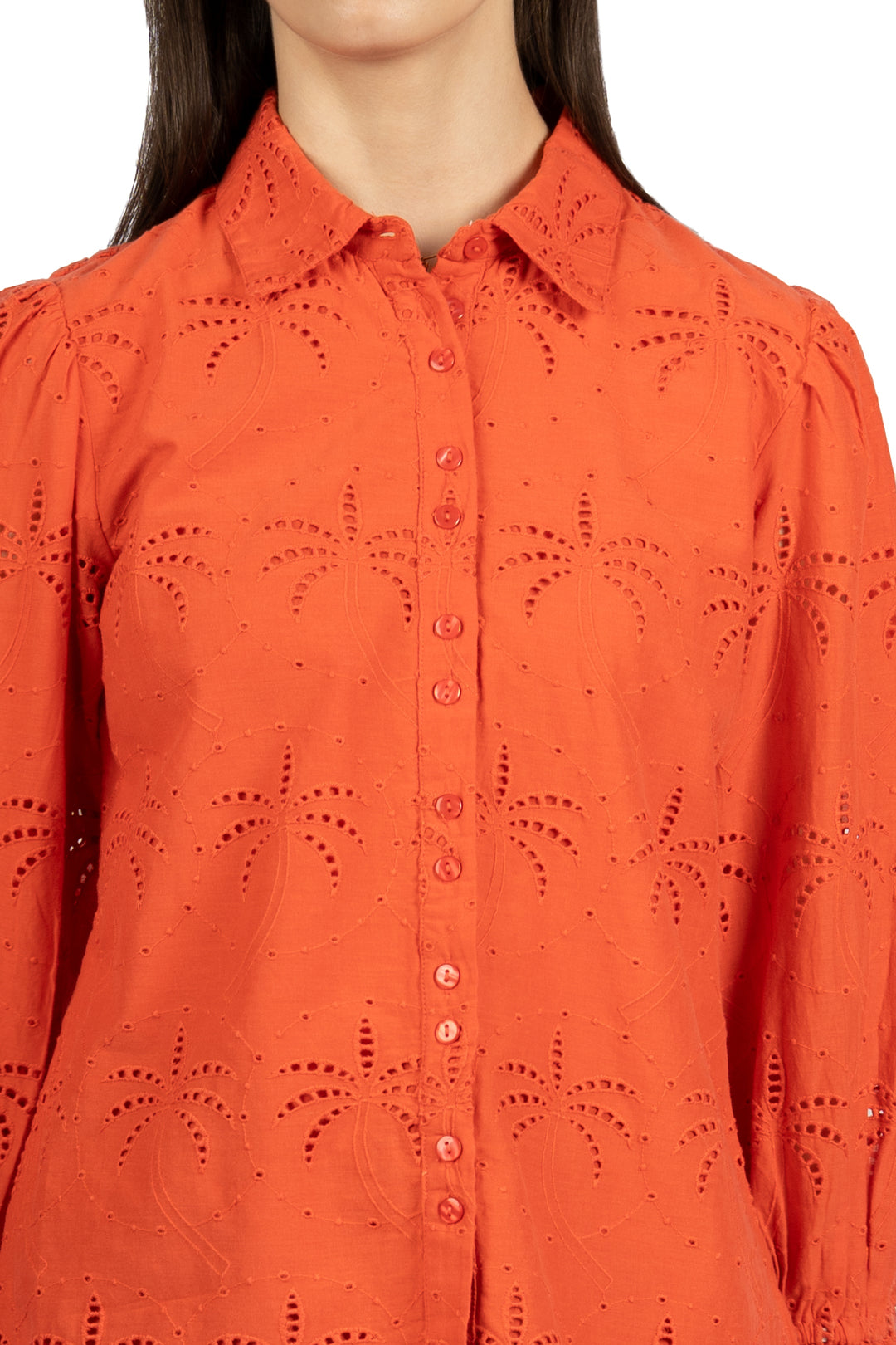 Red Solid Cotton Schiffli Collared Shirt