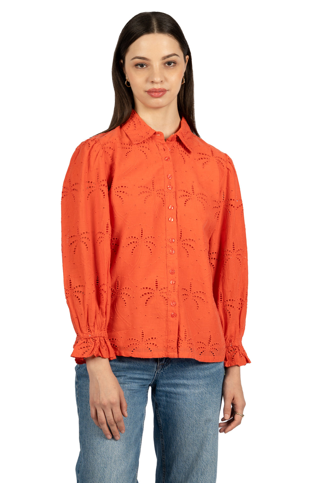 Red Solid Cotton Schiffli Collared Shirt