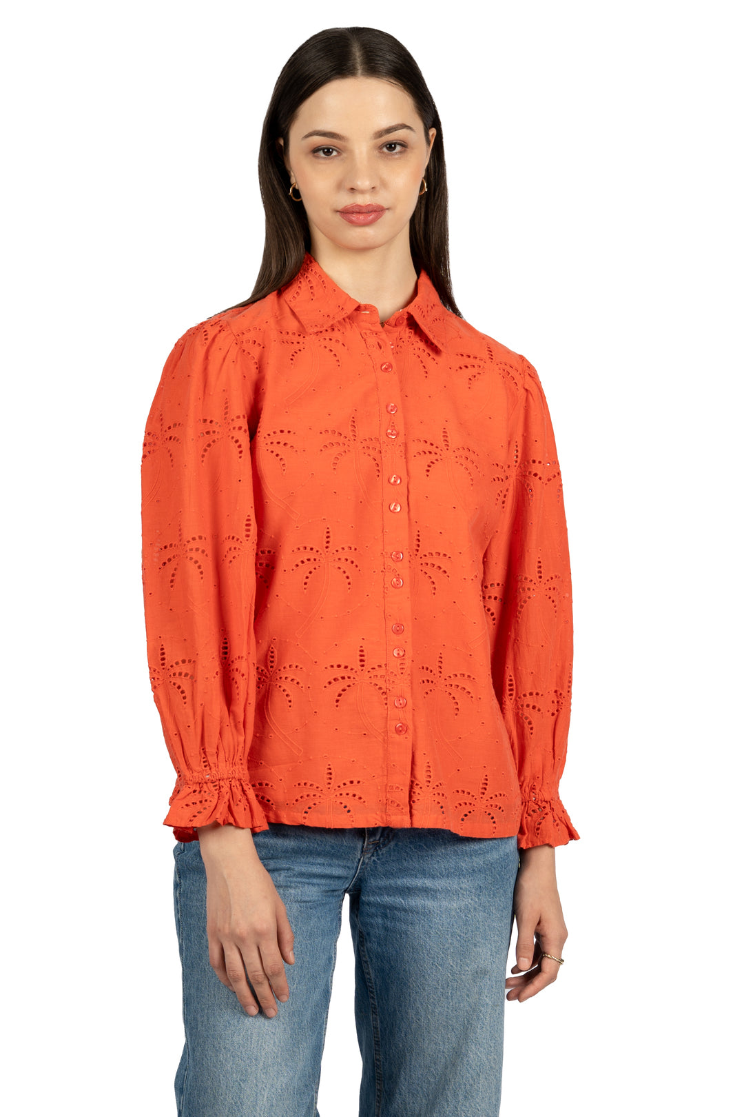 Red Solid Cotton Schiffli Collared Shirt