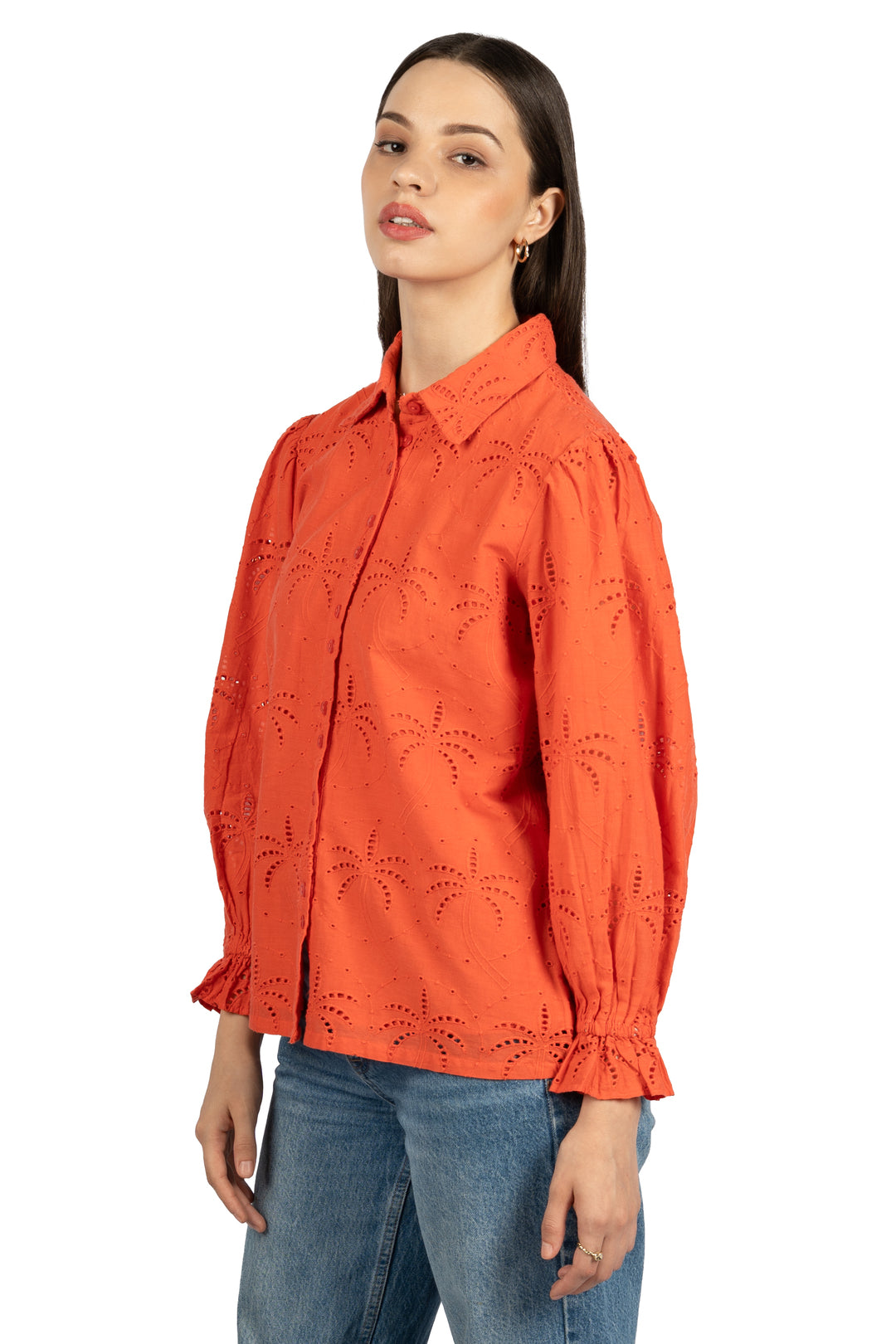 Red Solid Cotton Schiffli Collared Shirt