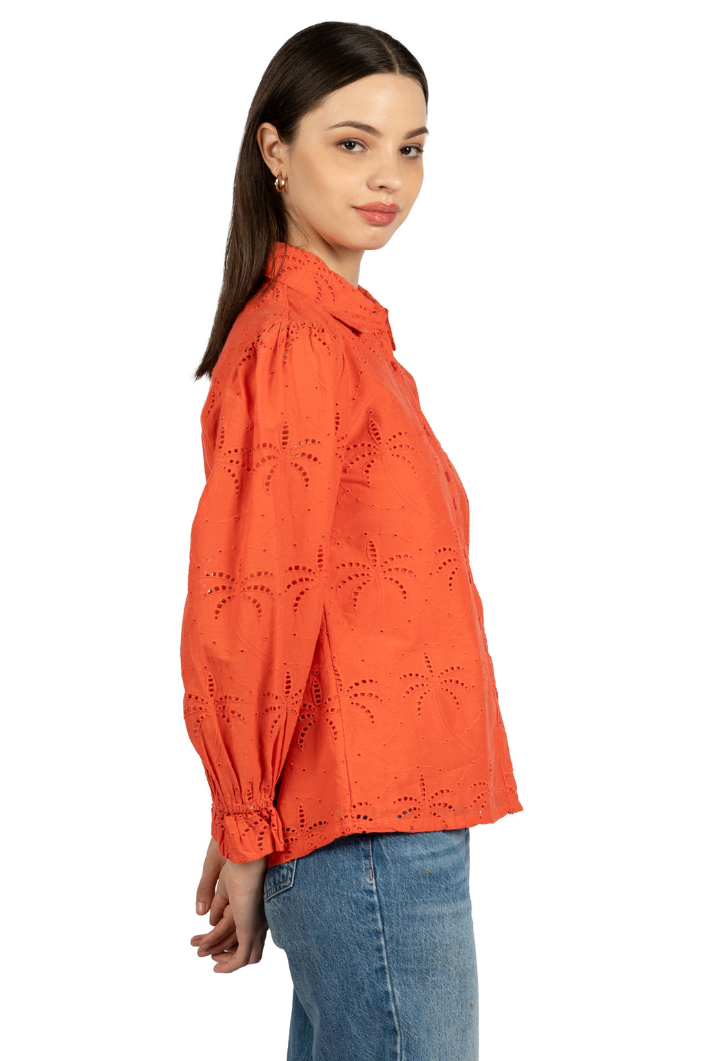 Red Solid Cotton Schiffli Collared Shirt