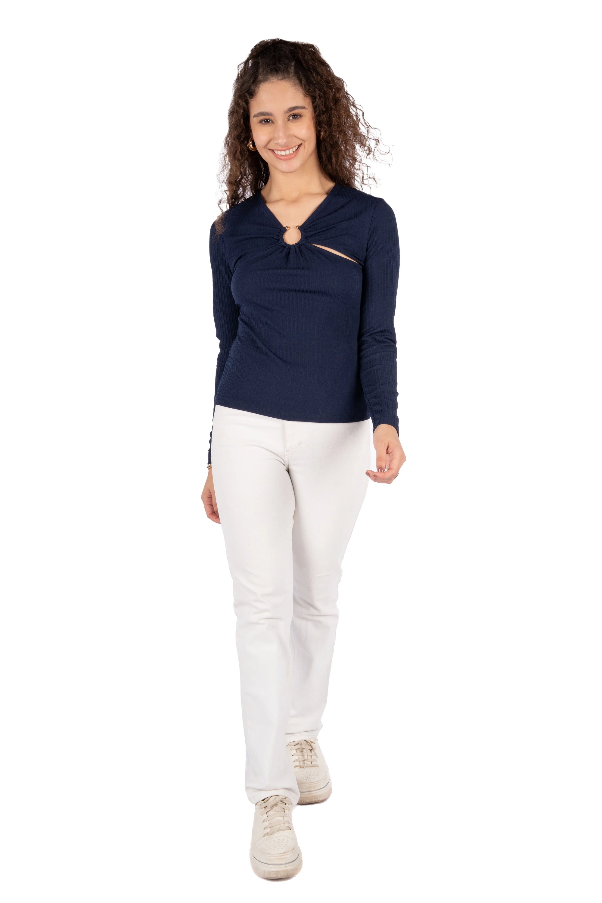 Raye Navy Blue Korean Rib Textured Fitted Top