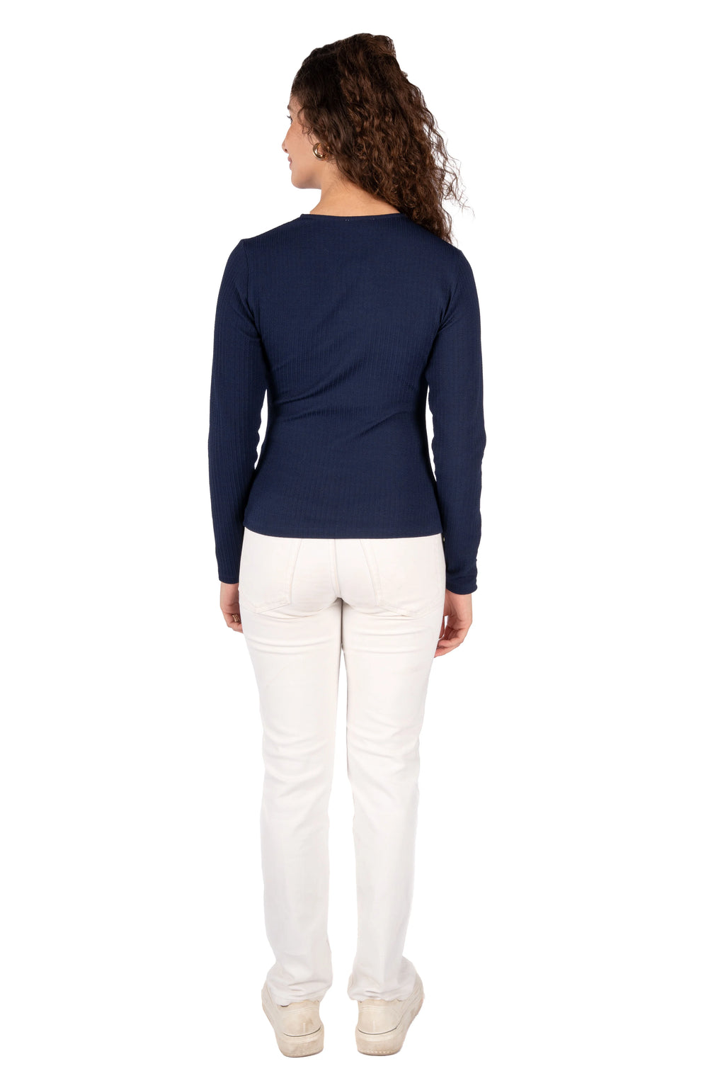 Raye Navy Blue Korean Rib Textured Fitted Top