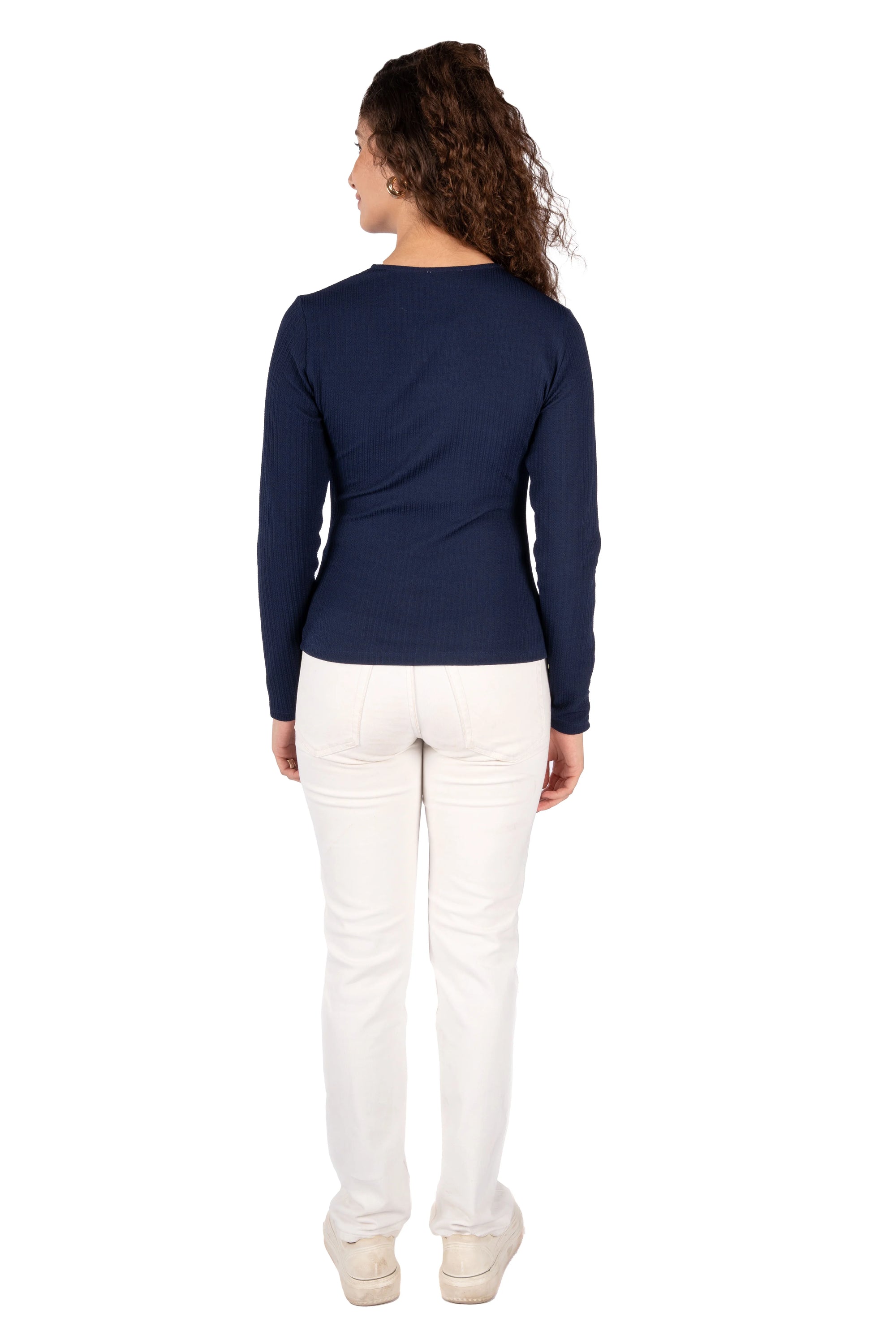 Raye Navy Blue Korean Rib Textured Fitted Top