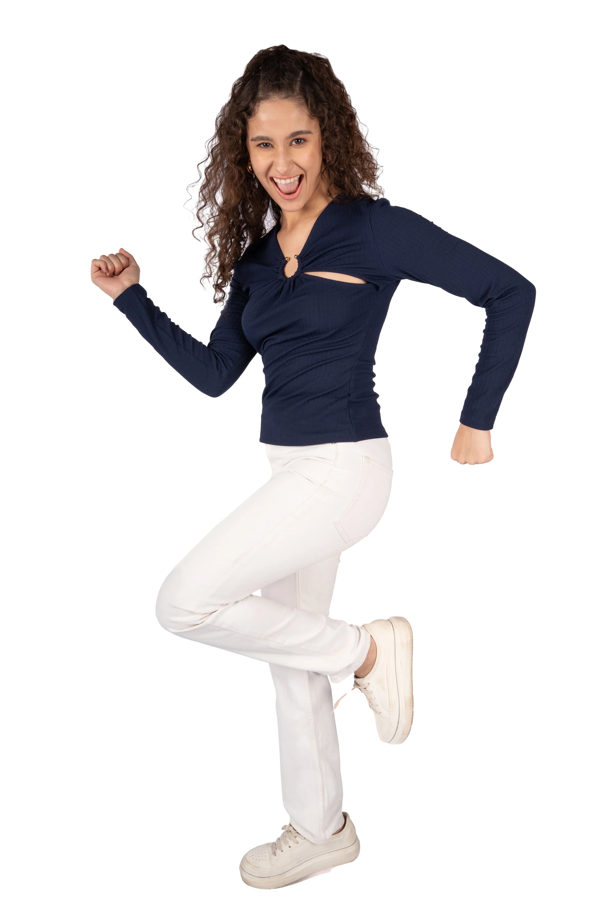 Raye Navy Blue Korean Rib Textured Fitted Top