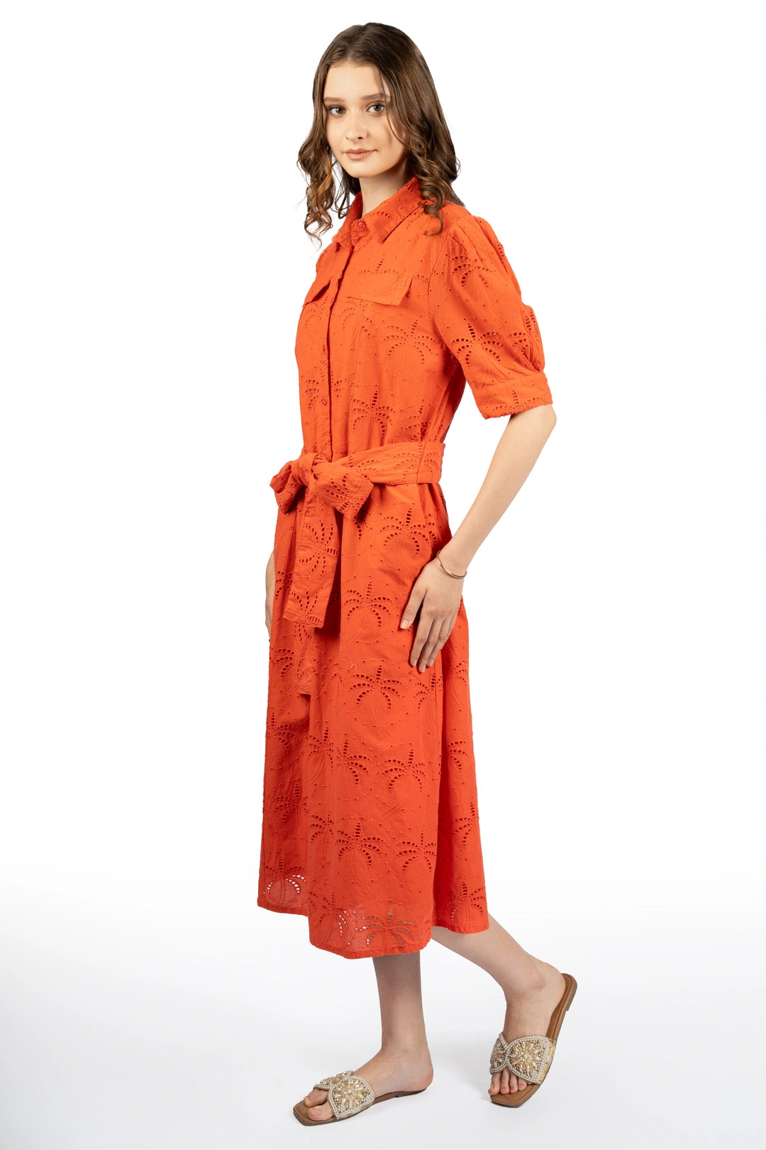 Red Solid Cotton Schiffli Puff Sleeve Midi Dress