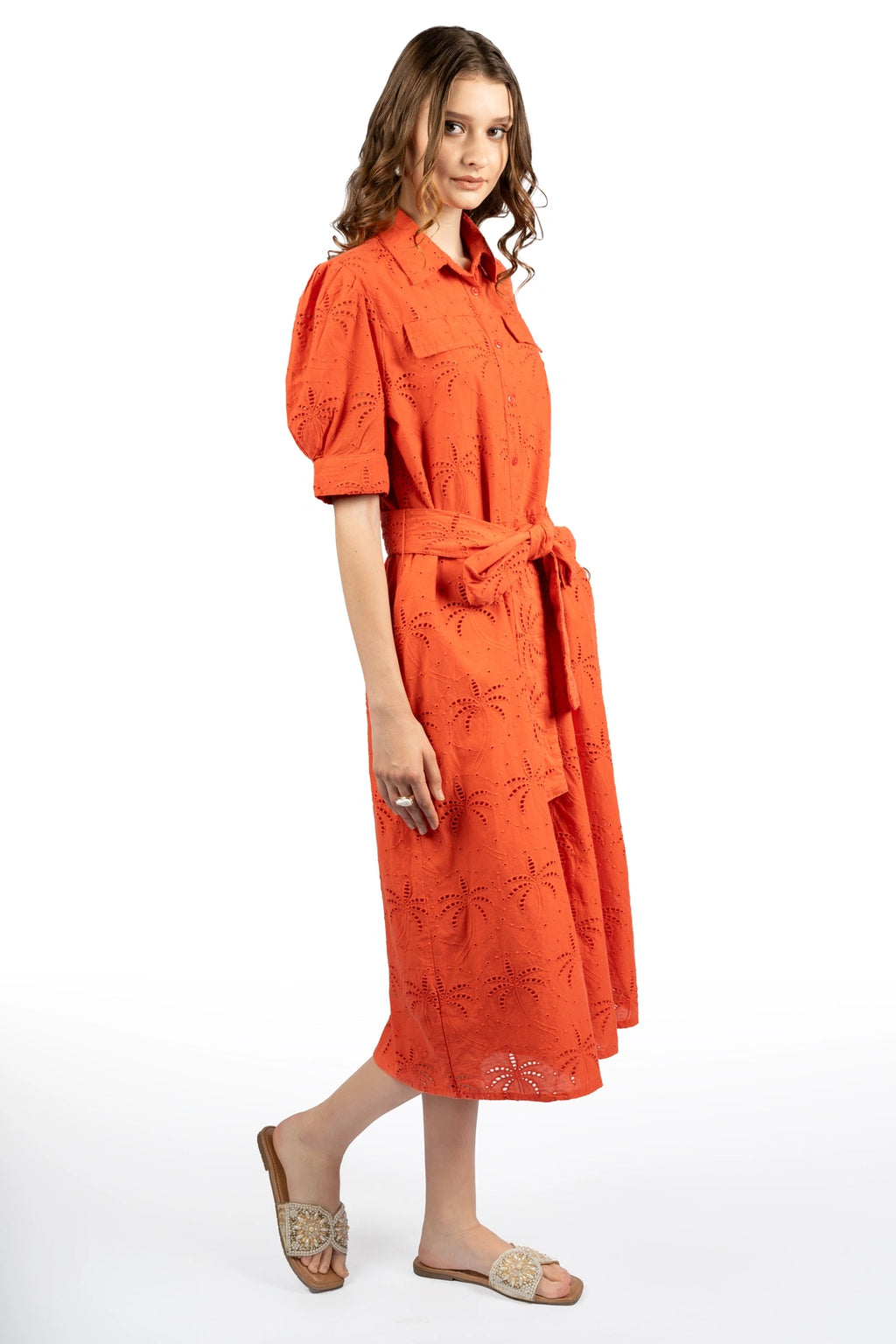 Red Solid Cotton Schiffli Puff Sleeve Midi Dress